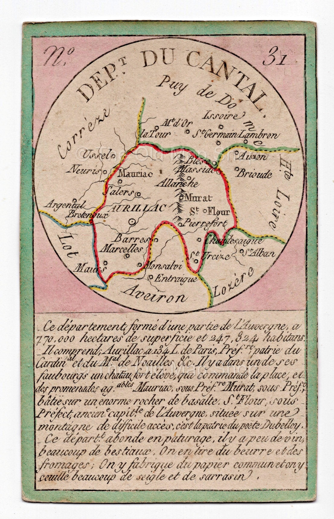 Hand-coloured c.1819 Cantal France antique card map by Bourrut-Le Meri, rare first edition