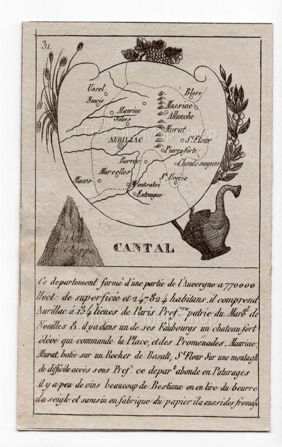 c.1836 Cantal France antique card map showing Aurillac & Saint-Flour by Bourrut-Le Meri, 3rd edition