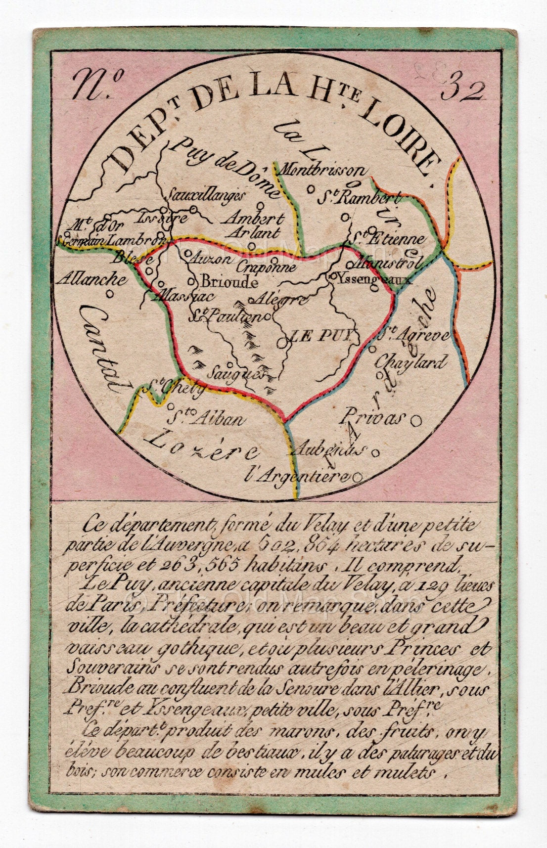 Hand-coloured c.1819 Haute-Loire France antique card map by Bourrut-Le Meri, rare first edition