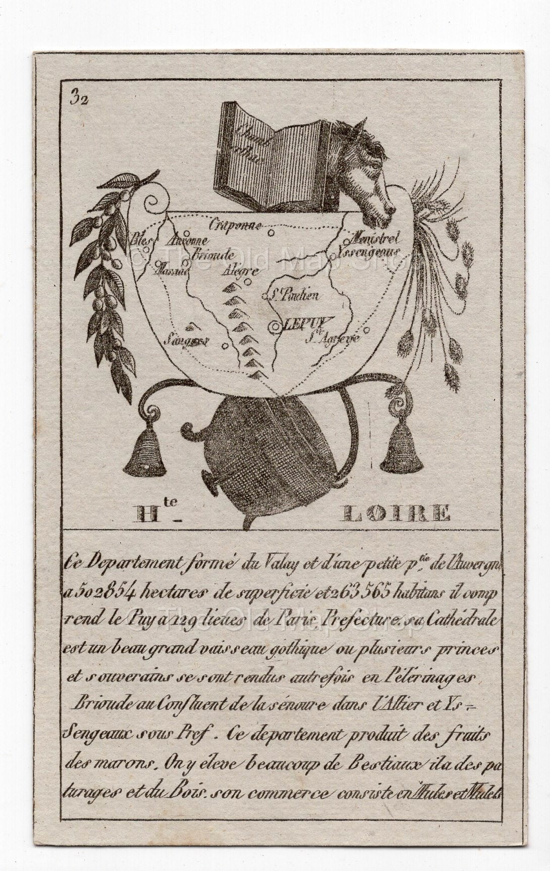 c.1836 Haute-Loire France antique card map showing Le Puy & Brioude by Bourrut-Le Meri, 3rd edition