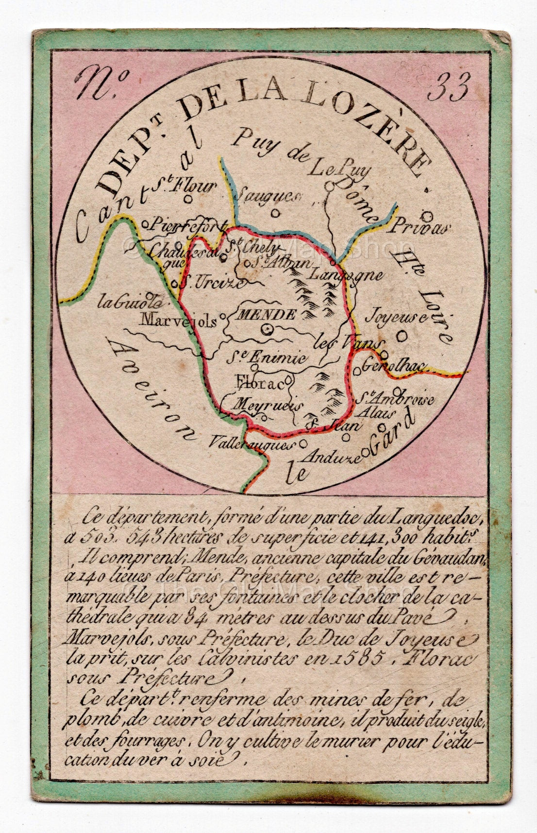 Hand-coloured c.1819 Lozere France antique card map by Bourrut-Le Meri, rare first edition