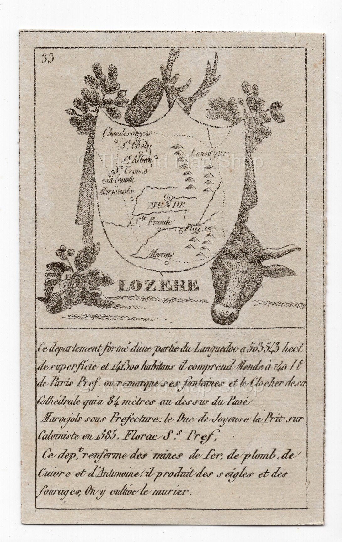 c.1836 Lozère France antique card map showing Mende by Bourrut-Le Meri, 3rd edition