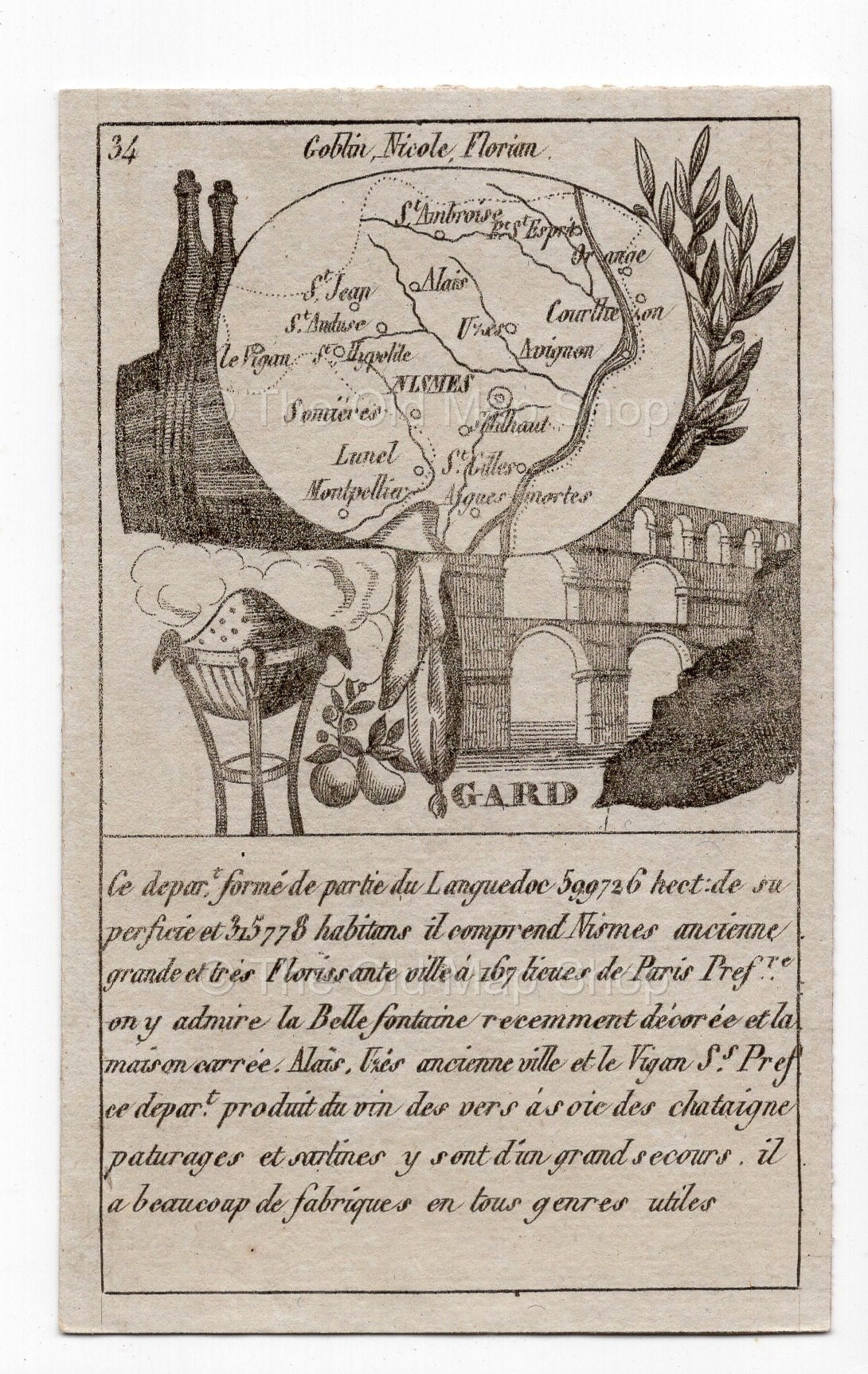 c.1836 Gard France antique card map showing Nimes & Avignon by Bourrut-Le Meri, 3rd edition