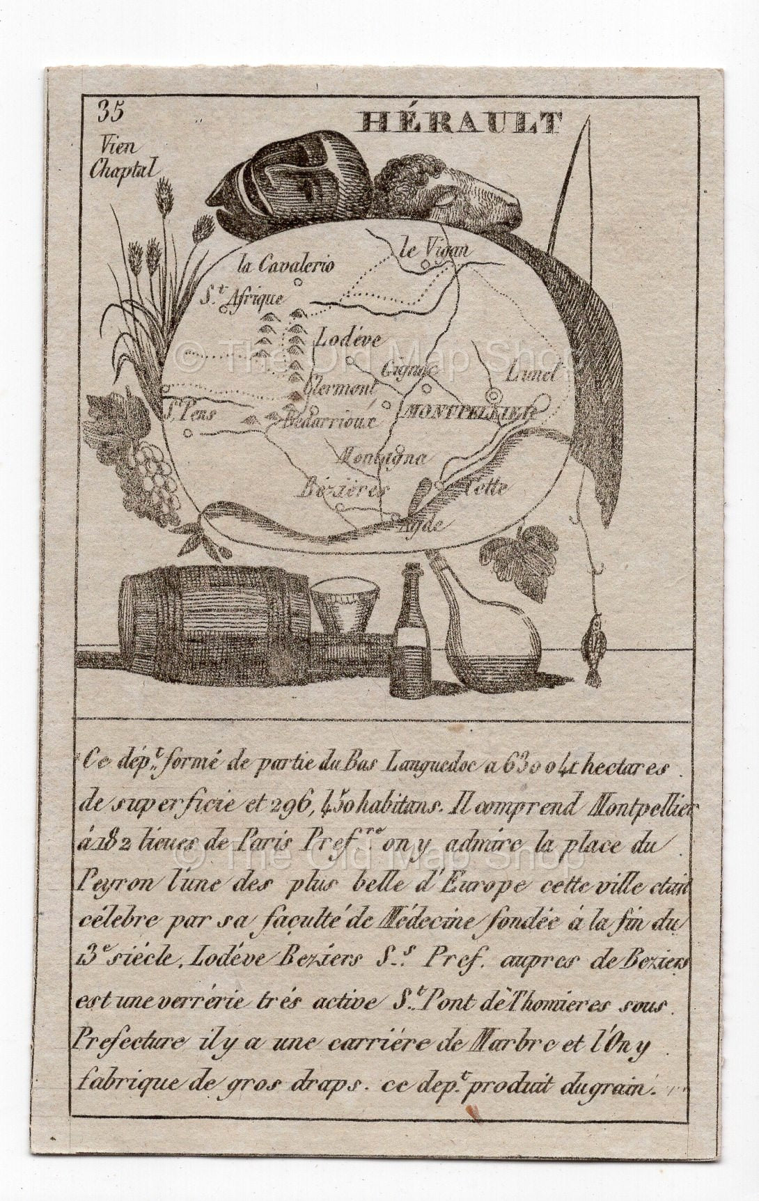 c.1836 Hérault France antique card map showing Montpellier by Bourrut-Le Meri, 3rd edition