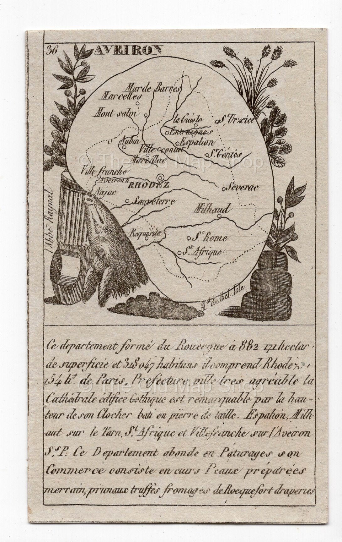 c.1836 Aveyron France antique card map showing Rodez by Bourrut-Le Meri, 3rd edition
