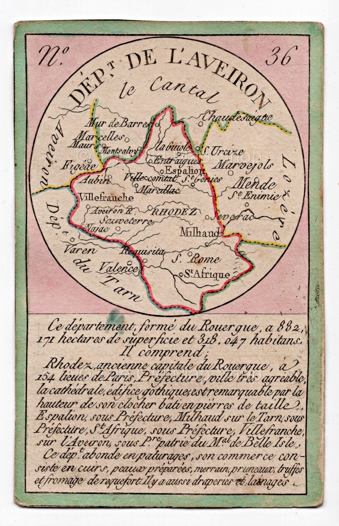Hand-coloured c.1819 Aveyron France antique card map by Bourrut-Le Meri, rare first edition