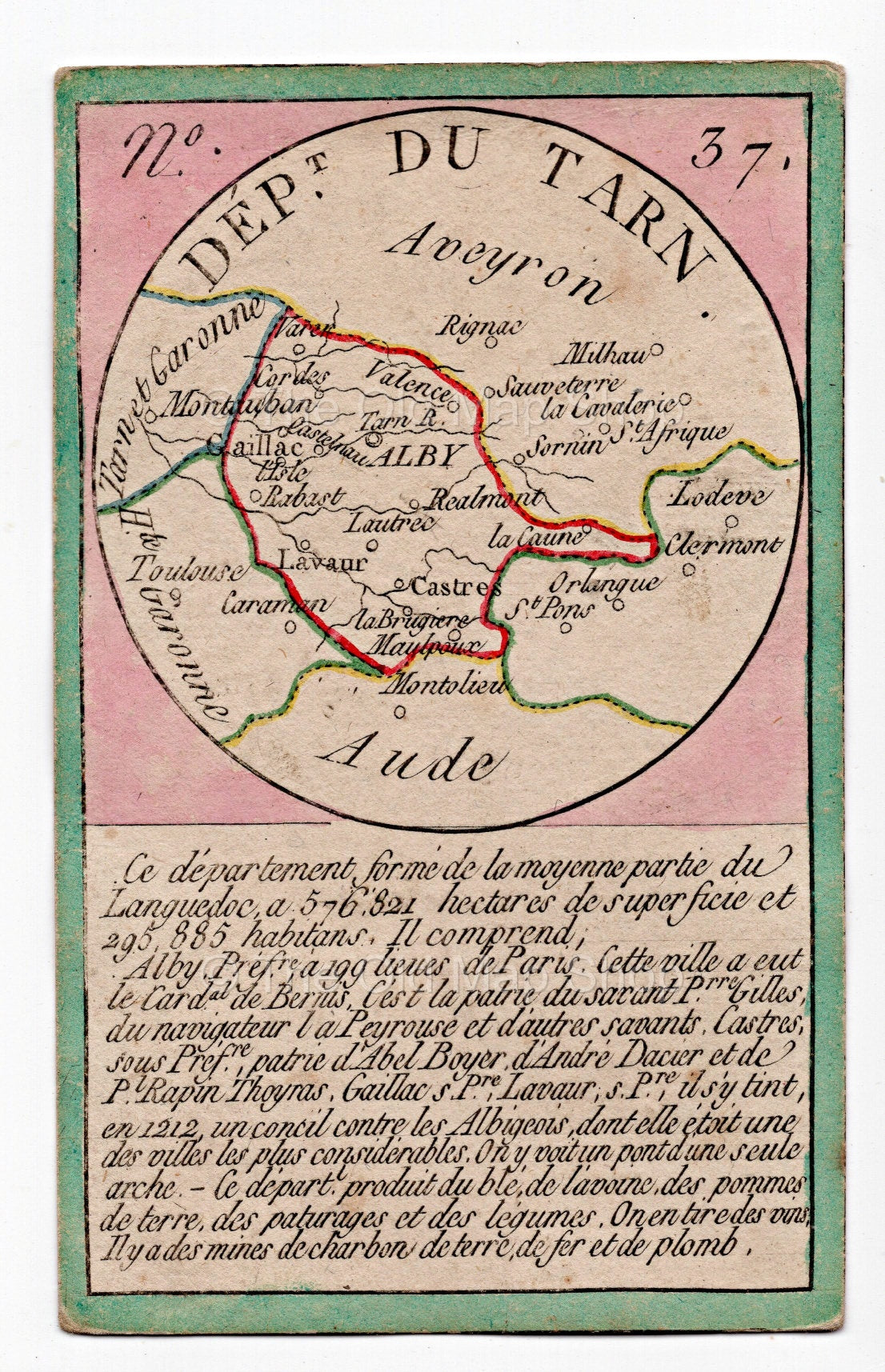 Hand-coloured c.1819 Tarn France antique card map by Bourrut-Le Meri, rare first edition