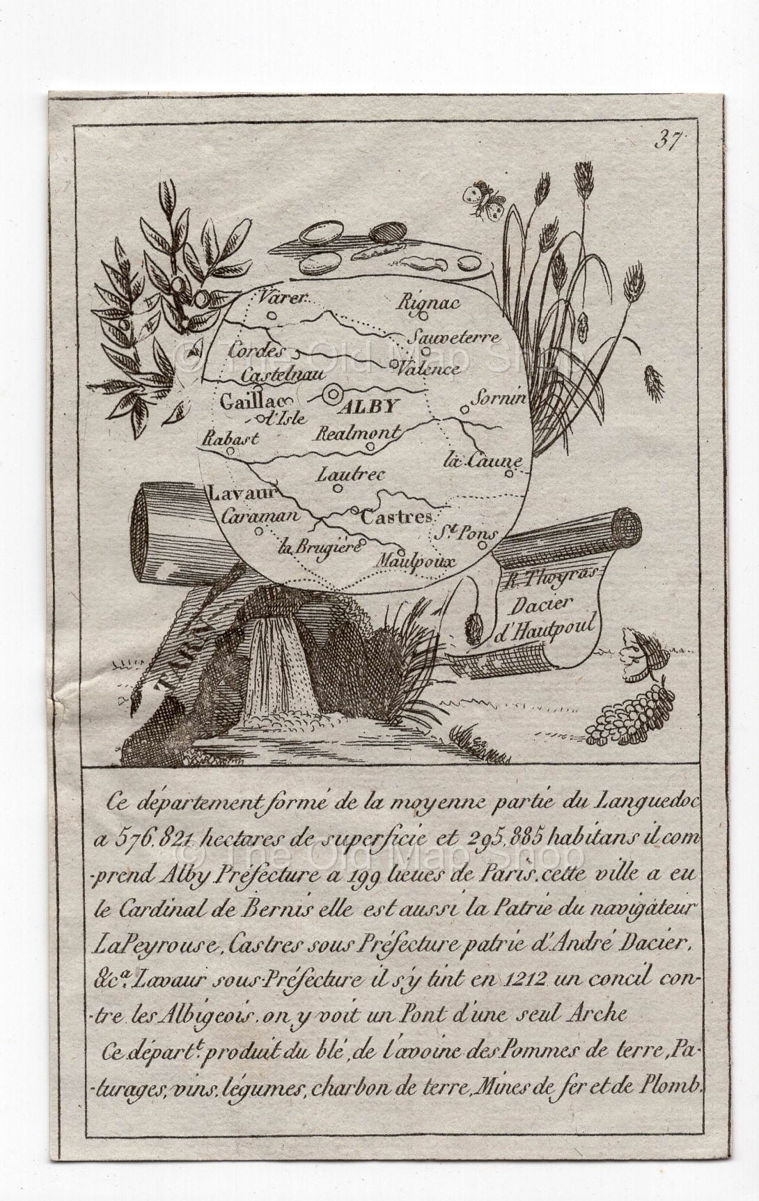 c.1836 Tarn France antique card map showing Albi & Castres by Bourrut-Le Meri, 3rd edition