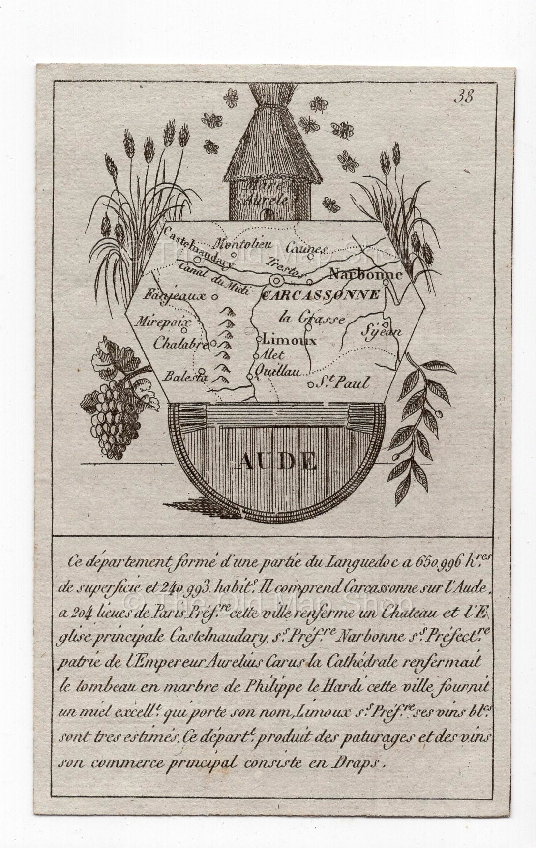 c.1836 Aude France antique card map showing Narbonne by Bourrut-Le Meri, 3rd edition