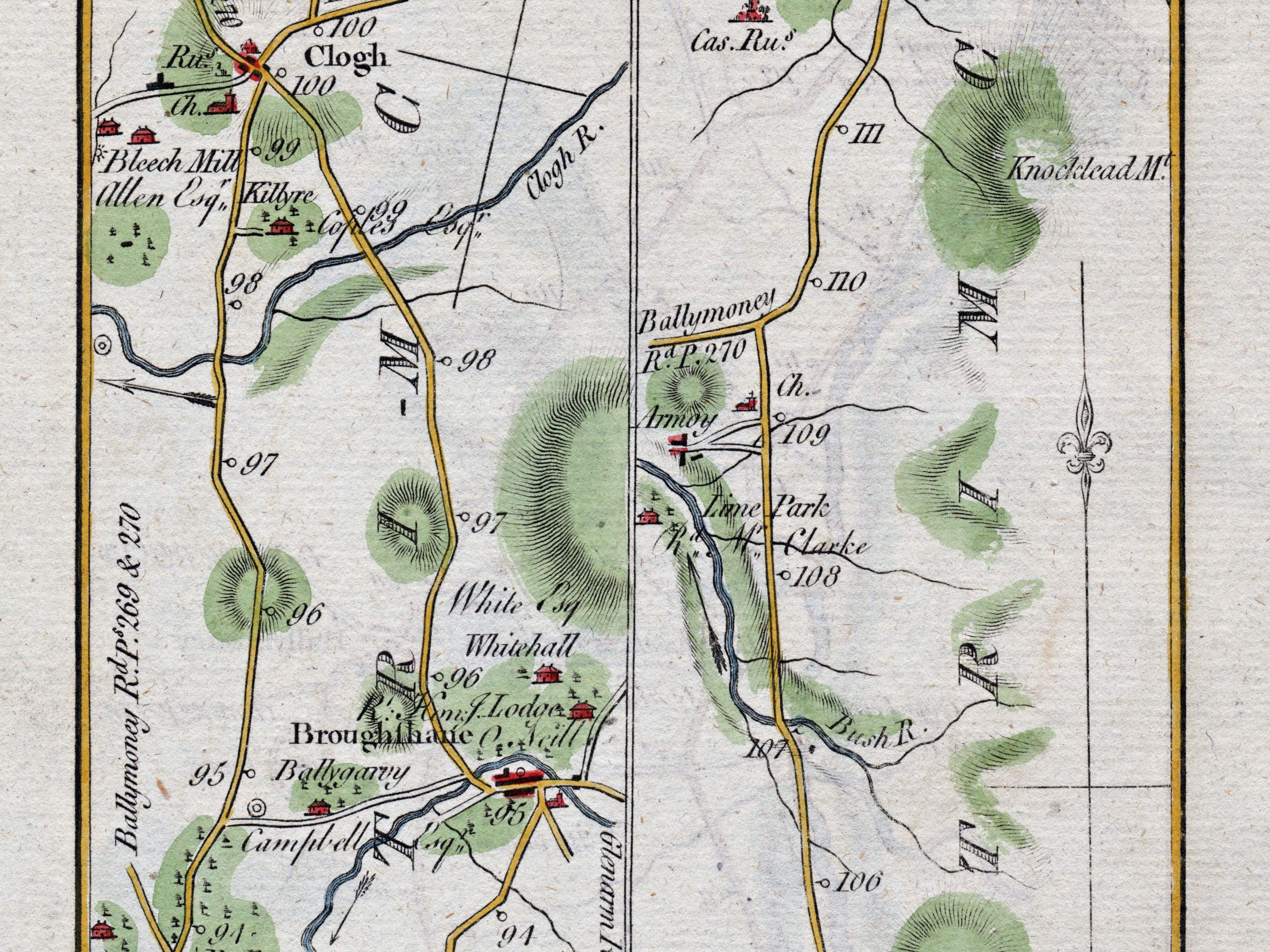 Middle detail of 1783 Taylor & Skinner Map 20 showing Broughshane, Armoy, Whitehall and Lime Park in County Antrim