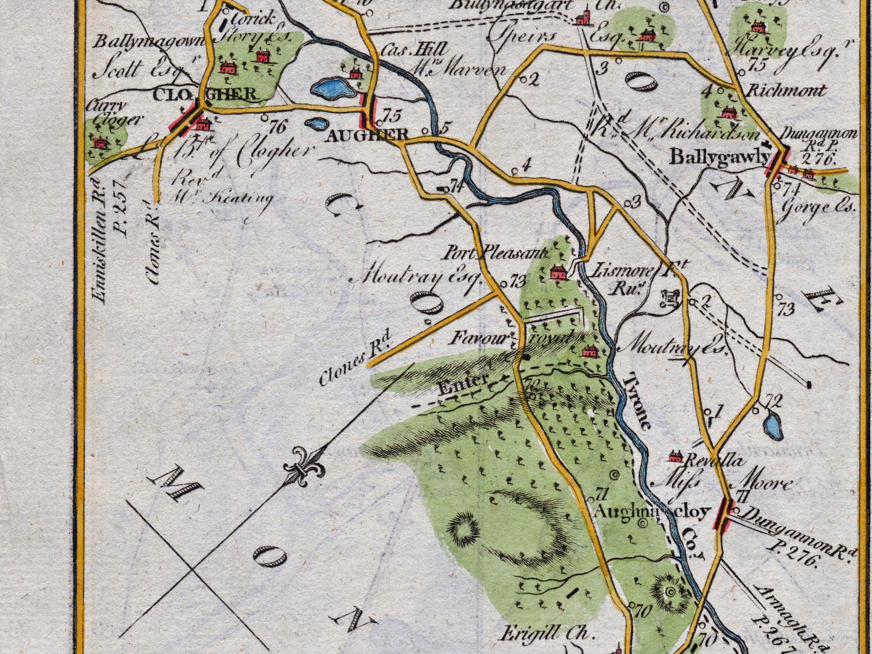Middle detail of 1783 Taylor & Skinner Map 35 showing Ballygawley, Port Pleasant and the River Tyrone in County Tyrone.