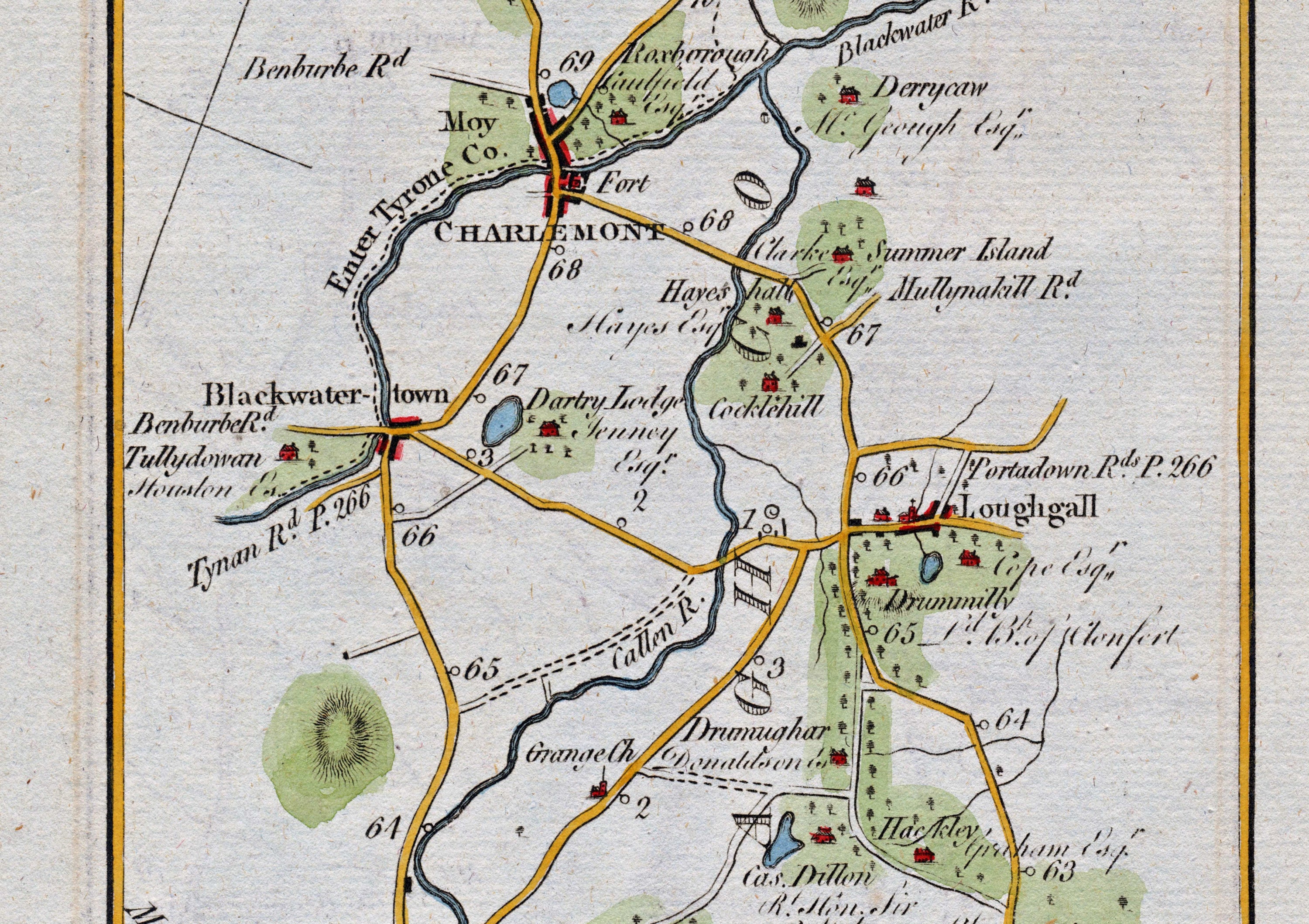 Middle detail of 1783 Taylor & Skinner Map 26 showing Blackwatertown, Charlemont, Moy, Loughgall, Summer Island and Dartry Lodge.
