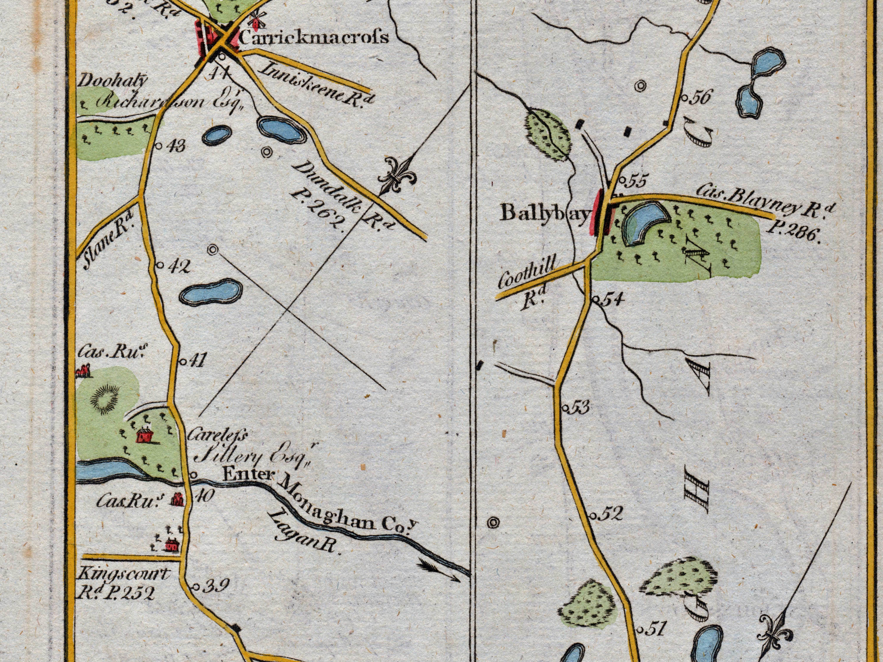 Middle detail of 1783 Taylor & Skinner Map 38 showing Carrickmacross, Ballybay and the Lagan River across the Louth and Monaghan route. The map covers Counties Monaghan and Louth.