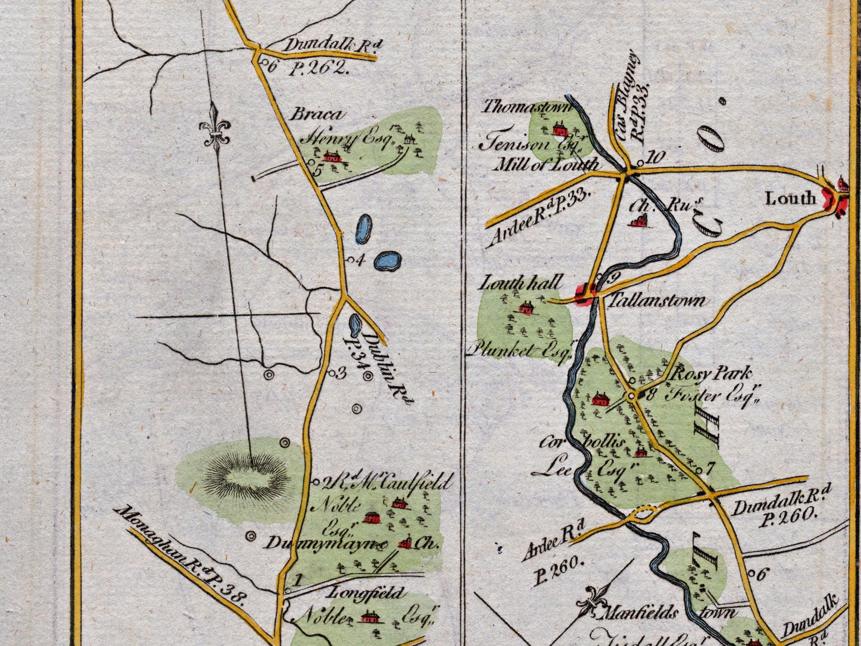 Middle detail of 1783 Taylor & Skinner Map 39 showing Carrickmacross, Tallanstown, Louth Hall and Rosy Park across Counties Monaghan and Louth.