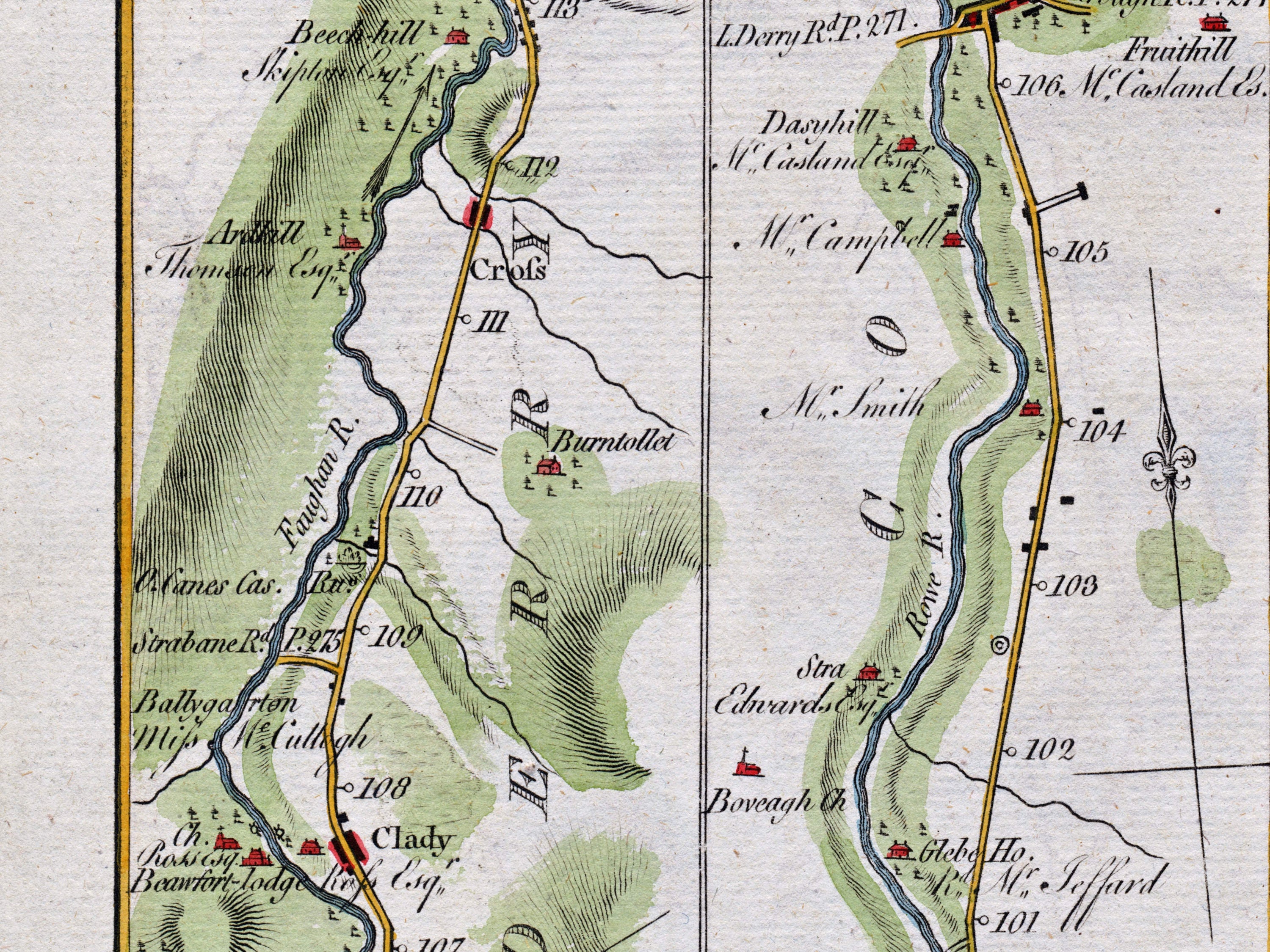 Middle detail of 1783 Taylor & Skinner Map 32 showing Clady, Burntollet, the River Faughan and Boveagh in County Londonderry.