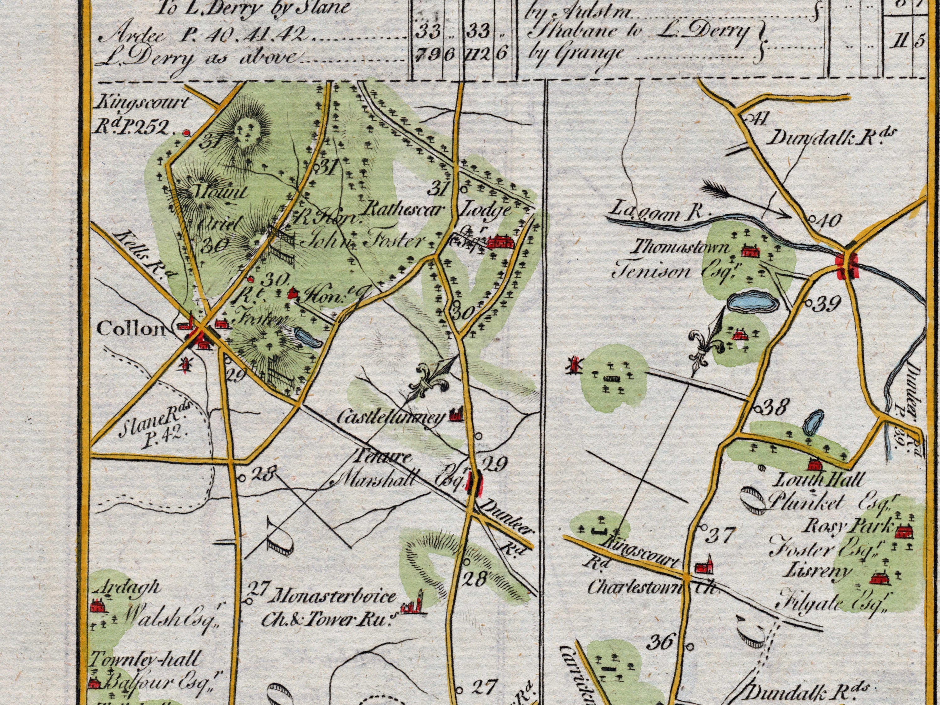 Middle detail of 1783 Taylor & Skinner Map 33 showing Collon, Monasterboice, Louth Hall and the road towards Ardee in County Louth.