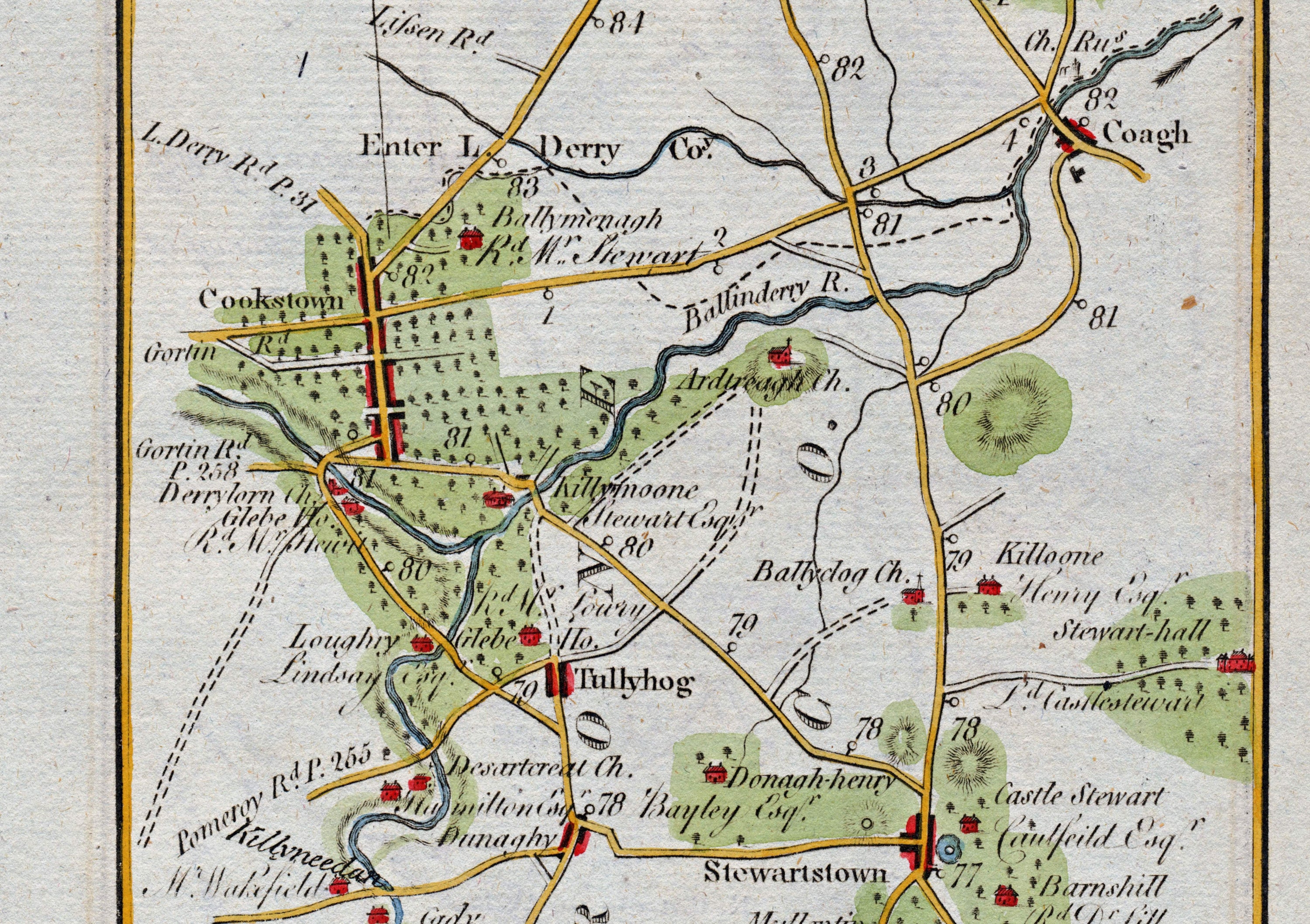 Middle detail of 1783 Taylor & Skinner Map 27 showing Cookstown, Stewartstown, Tullyhogue, Coalisland and the River Ballinderry in County Tyrone.