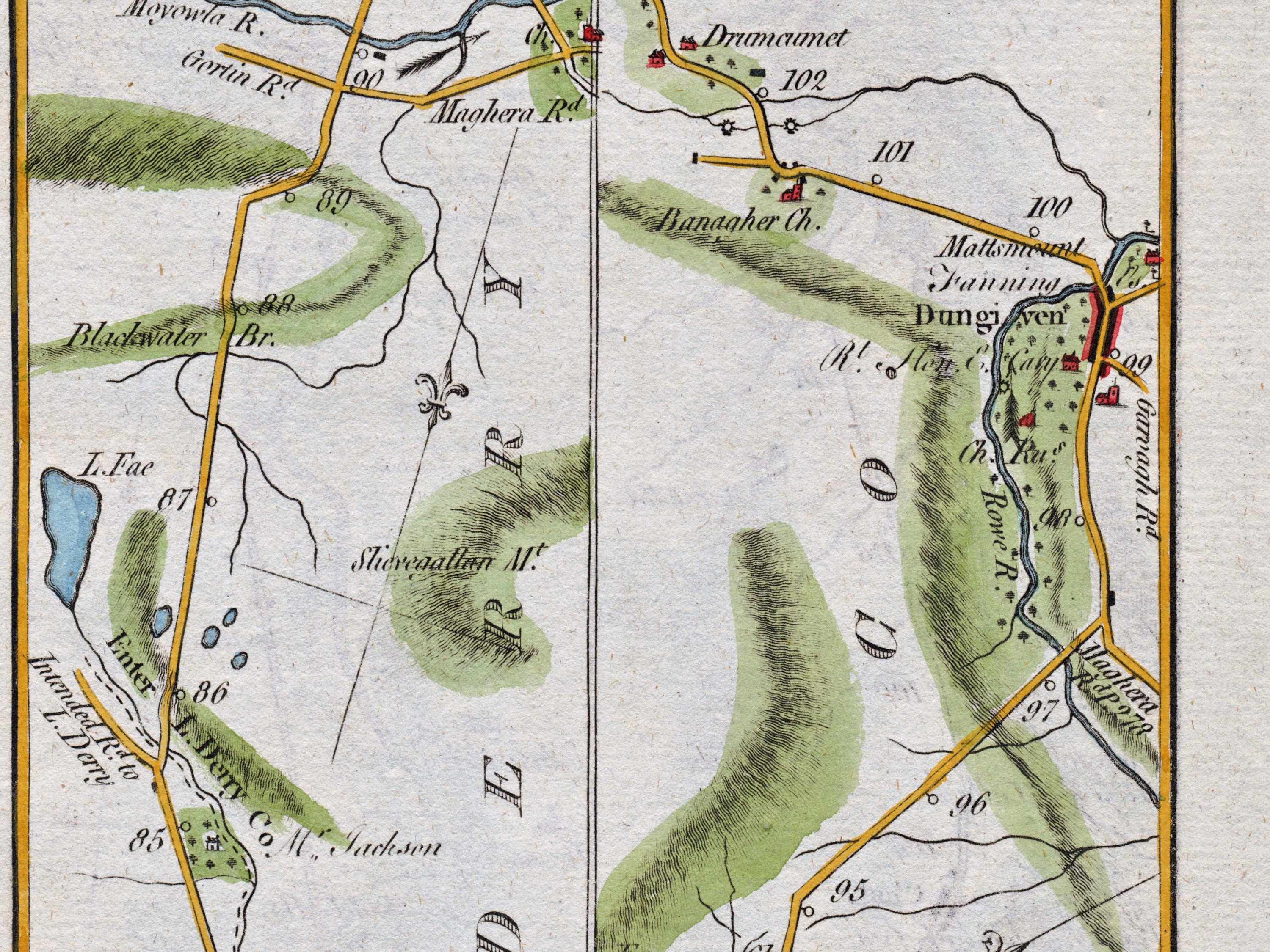 Middle detail of 1783 Taylor & Skinner Map 31 showing Dungiven, the River Roe, Lough Fea and Slieve Gallion across Counties Londonderry and Tyrone.