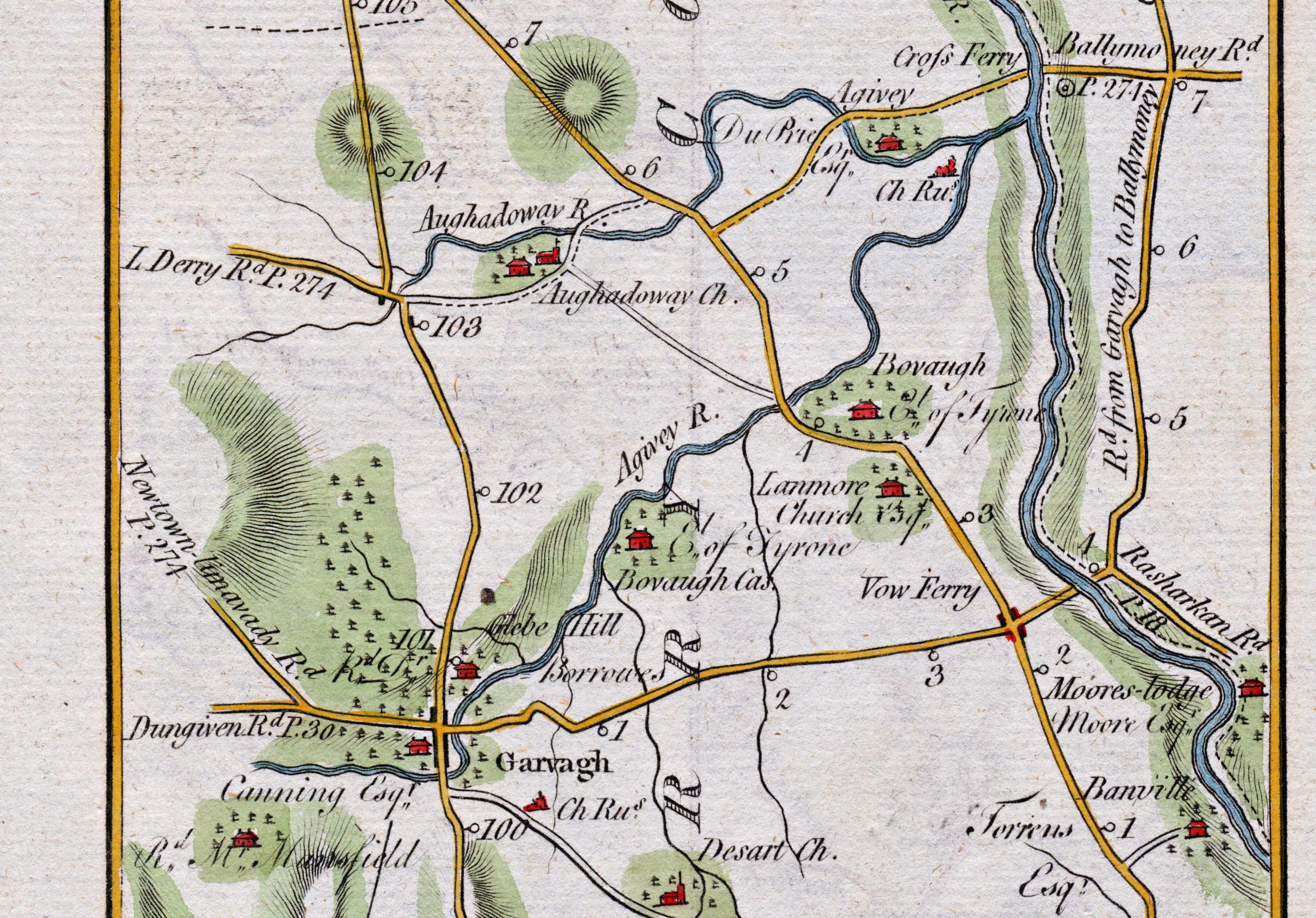 Middle detail of 1783 Taylor & Skinner Map 29 showing Garvagh, Aghadowey, Bovagh, Vow Ferry and the River Bann in County Londonderry.