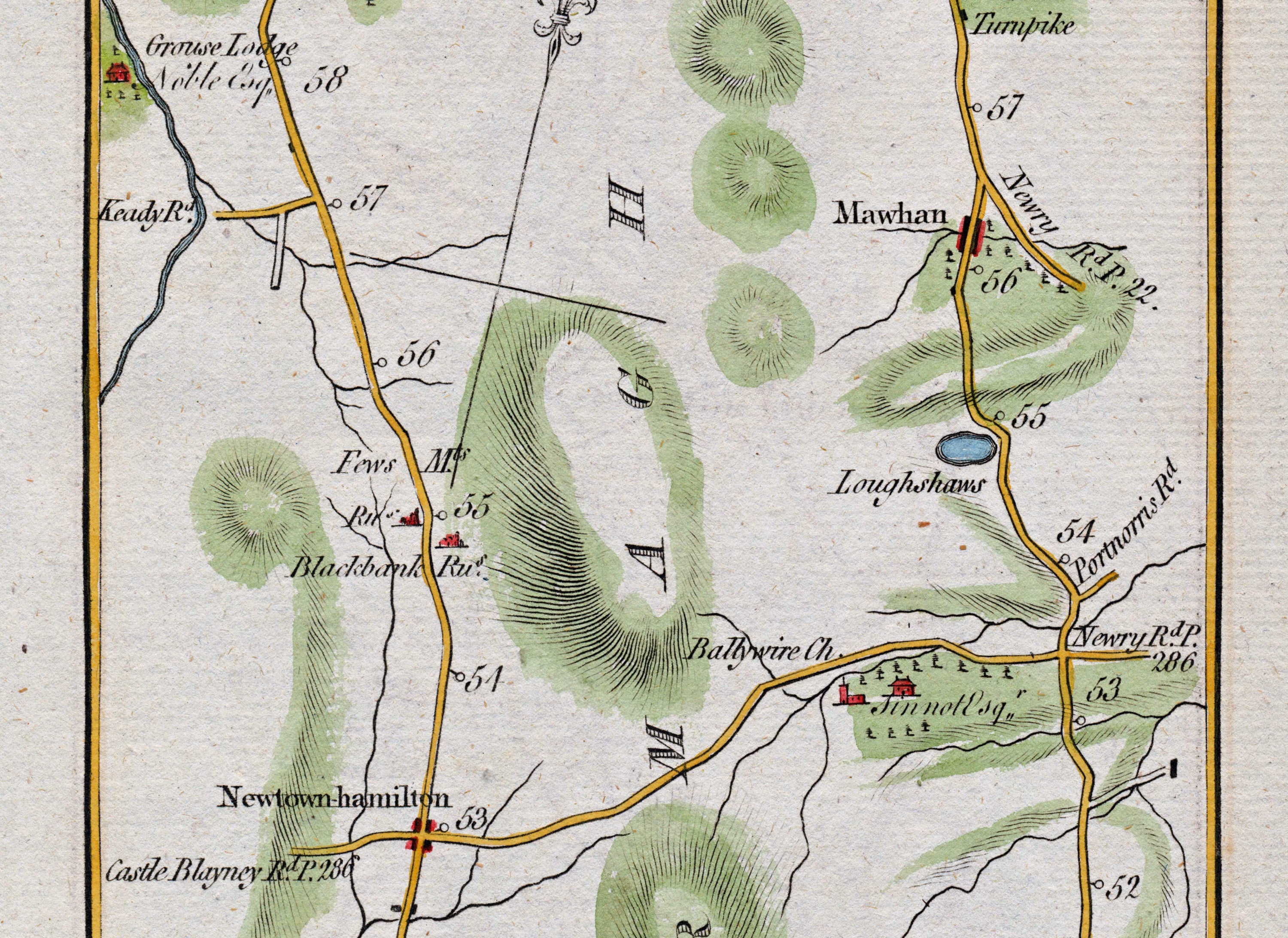 Middle detail of 1783 Taylor & Skinner Map 25 showing Mawhan, Loughans, Ballywire, Tinnott and the Newry connections in County Armagh.