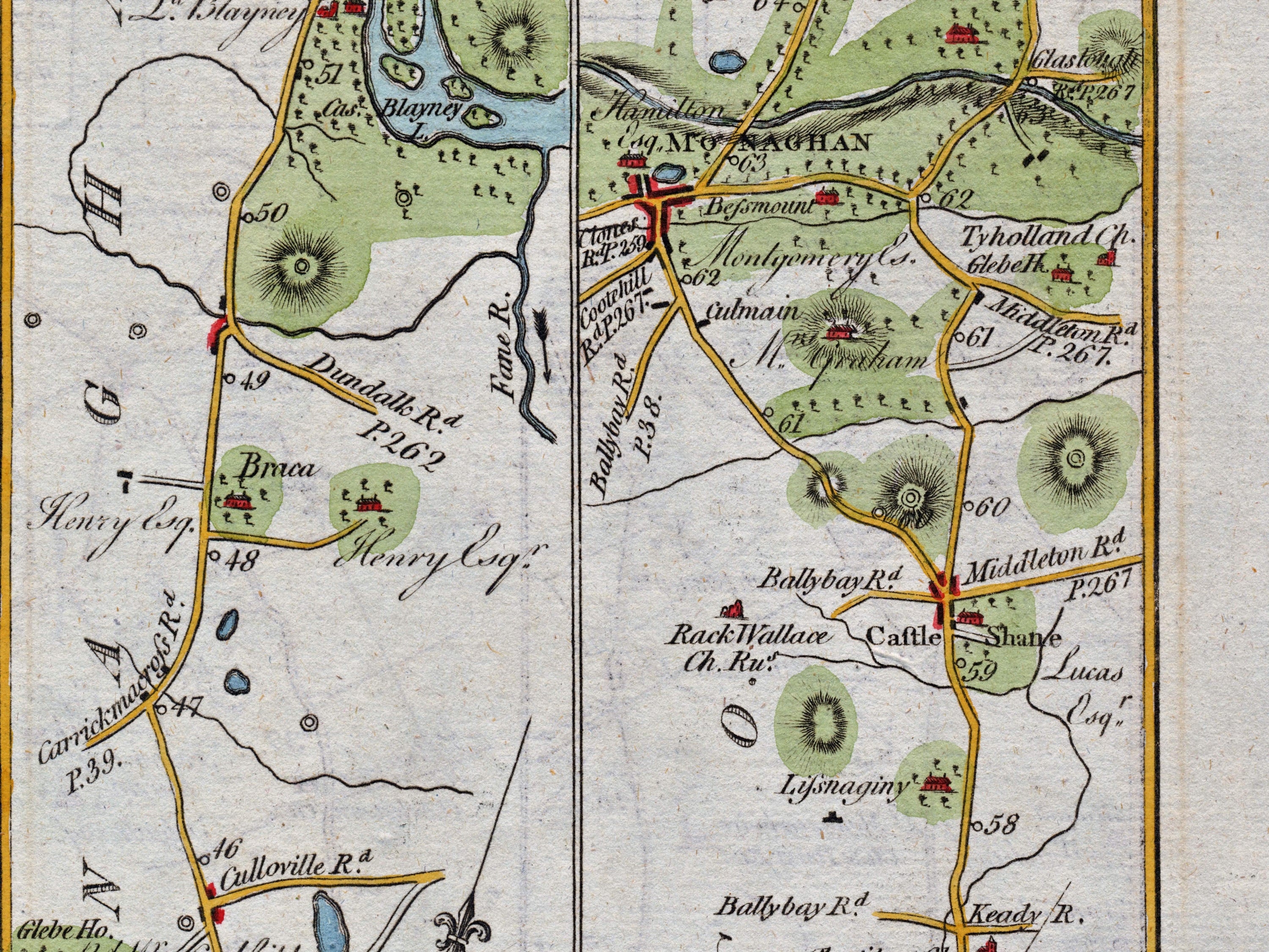 Middle detail of 1783 Taylor & Skinner Map 34 showing Monaghan, Castleshane, Tyholland and Rackwallace Church Ruins in County Monaghan.