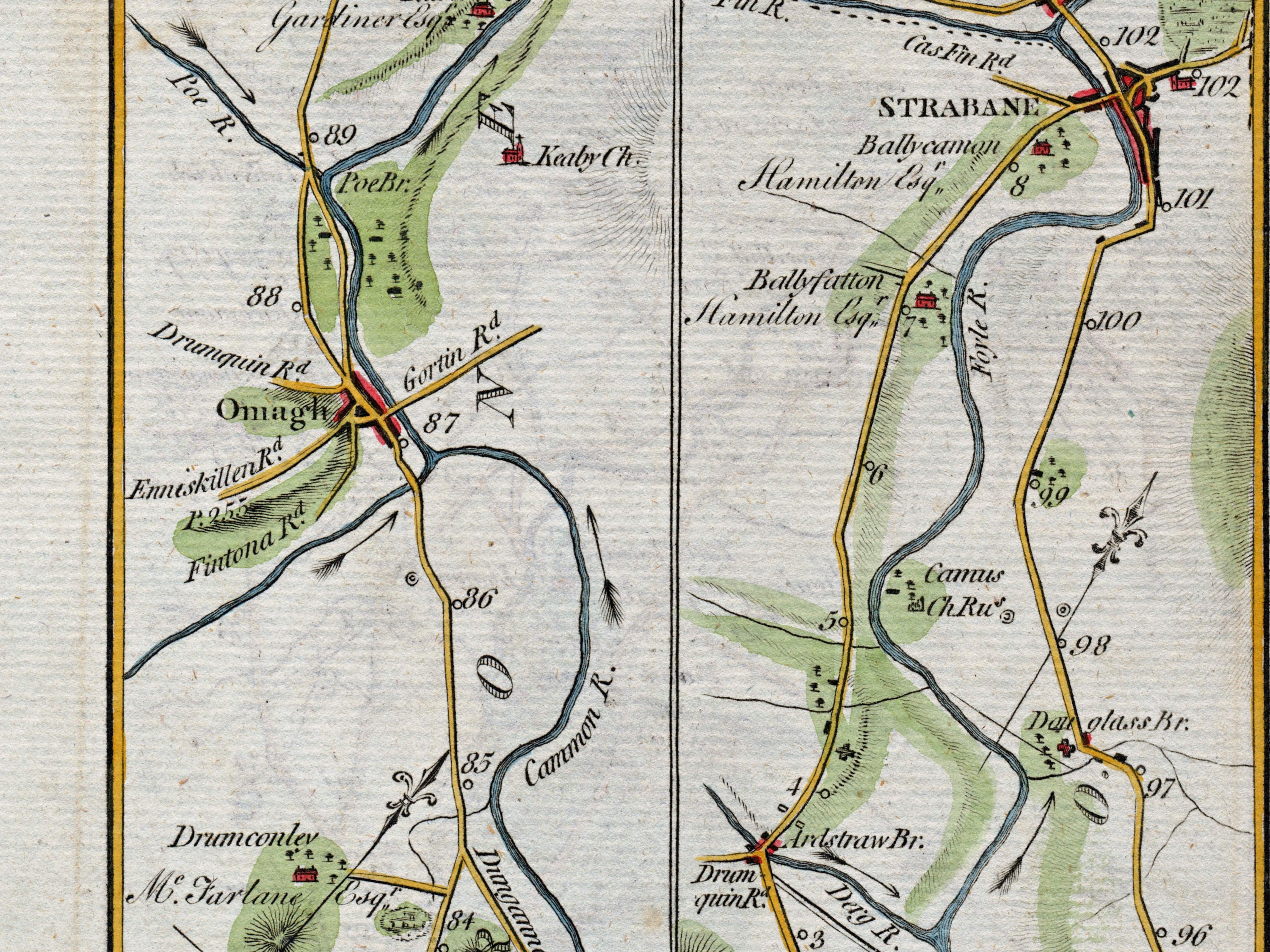 Middle detail of 1783 Taylor & Skinner Map 36 showing Omagh, Strabane, Camus Church and Douglas Bridge in County Tyrone. The wider map also covers County Donegal.