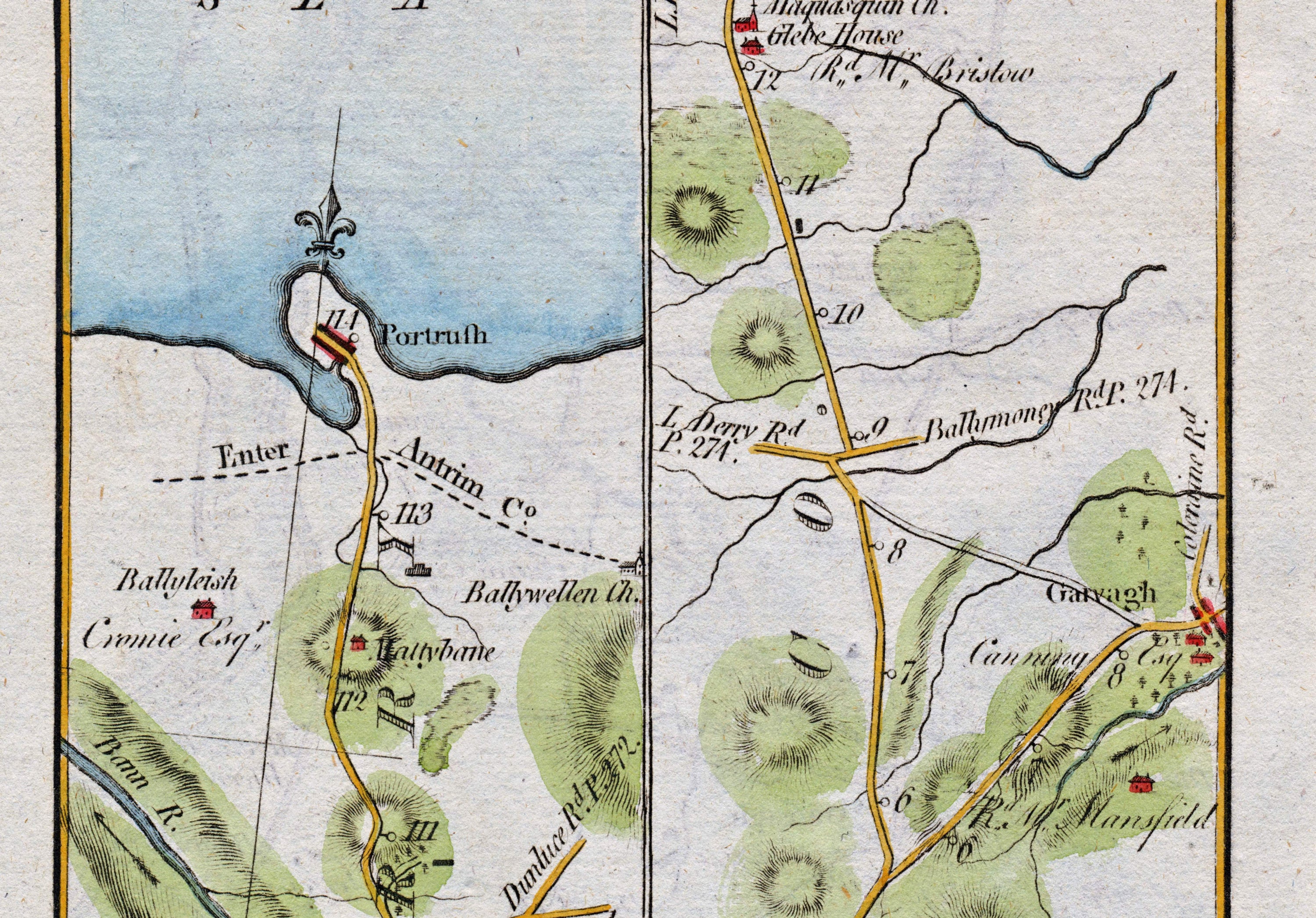 Middle detail of 1783 Taylor & Skinner Map 30 showing Portrush, Coleraine, Garvagh, Ballywillan Church and the historic Antrim-Londonderry county boundary.