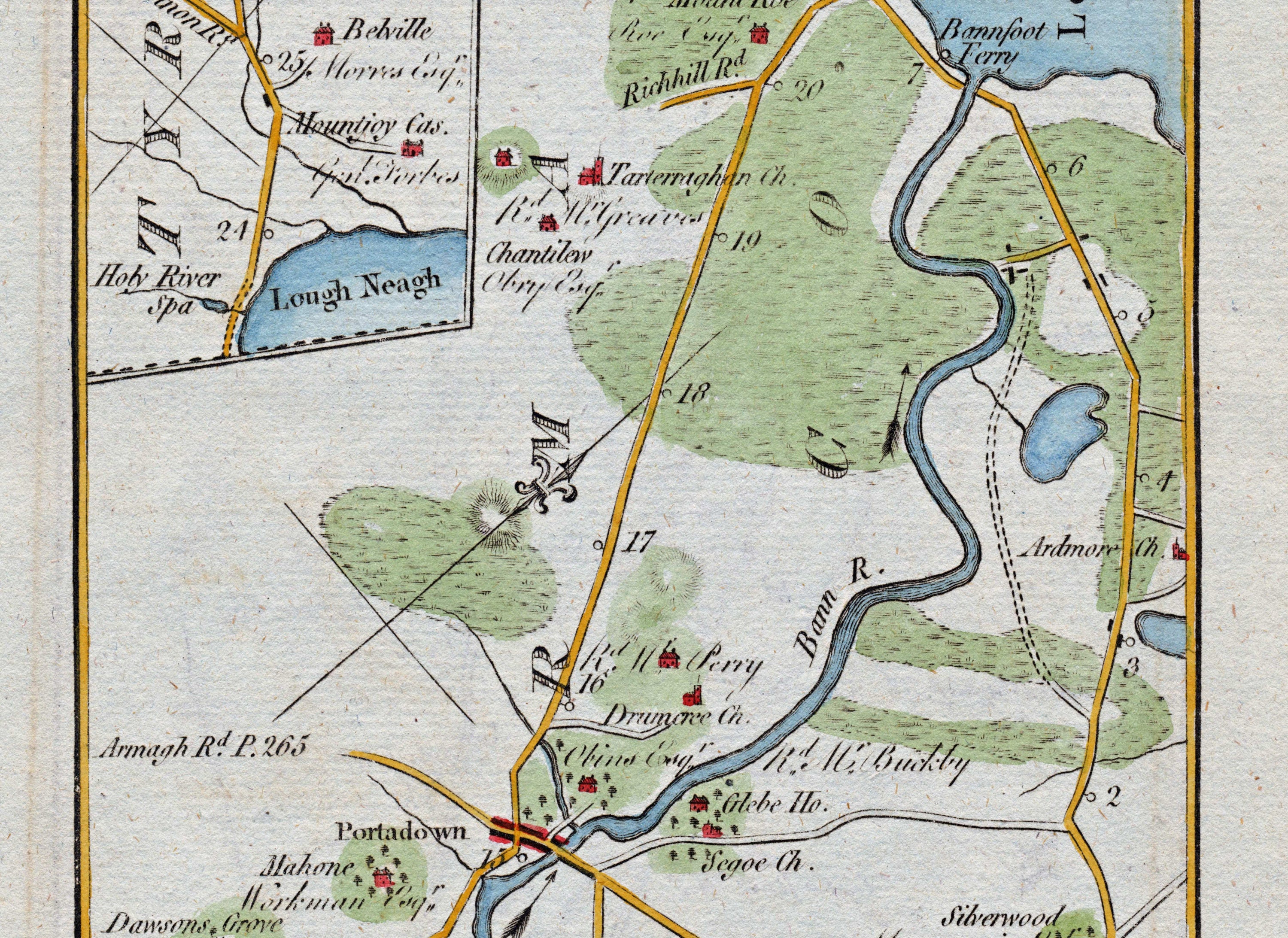 Middle detail of 1783 Taylor & Skinner Map 23 showing Portadown, the River Bann, Drumcree Church and Tartaraghan in County Armagh.