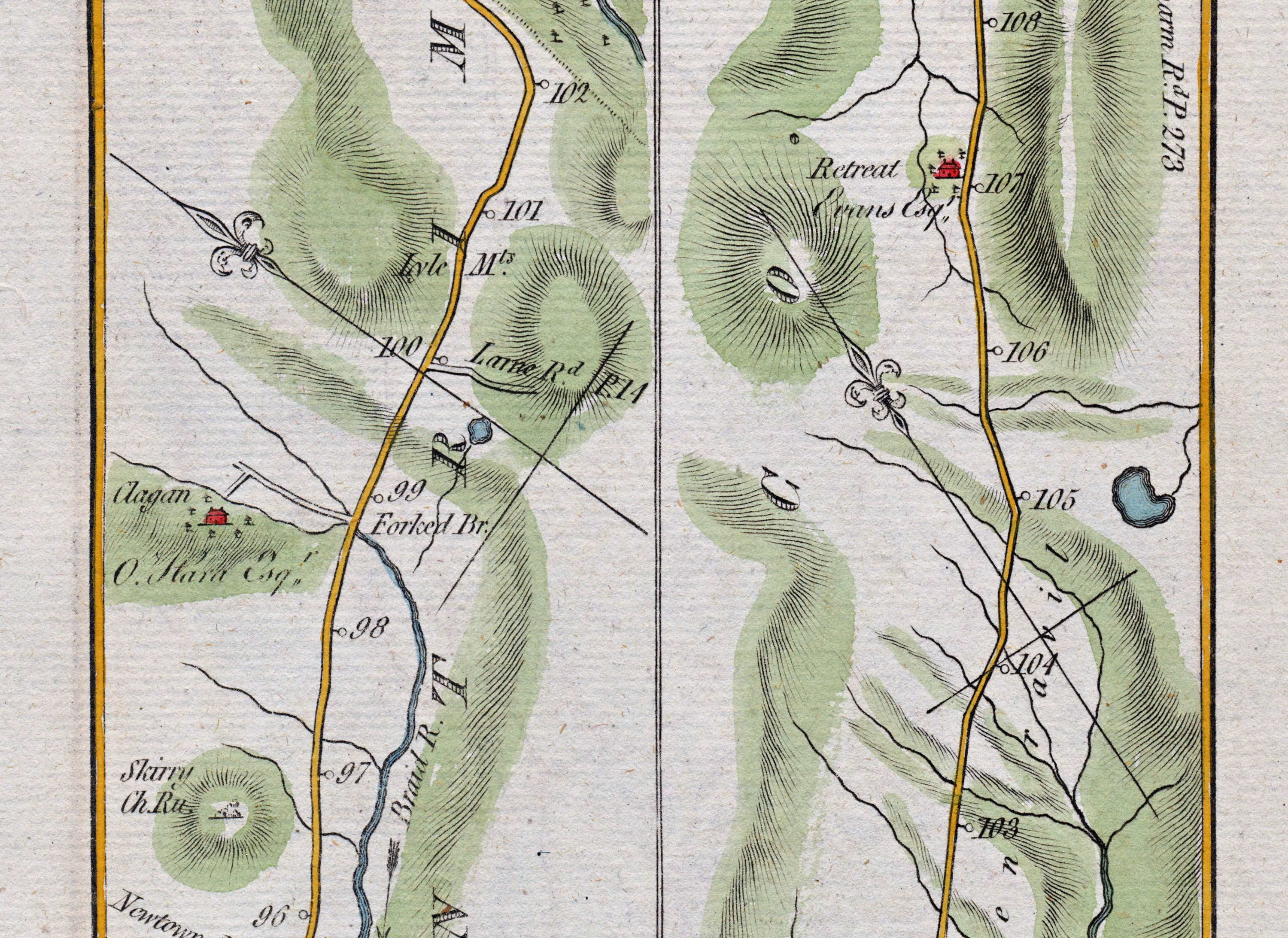 Middle detail of 1783 Taylor & Skinner Map 21 showing the River Braid, Retreat, Mount Edward and the mountain road through County Antrim.