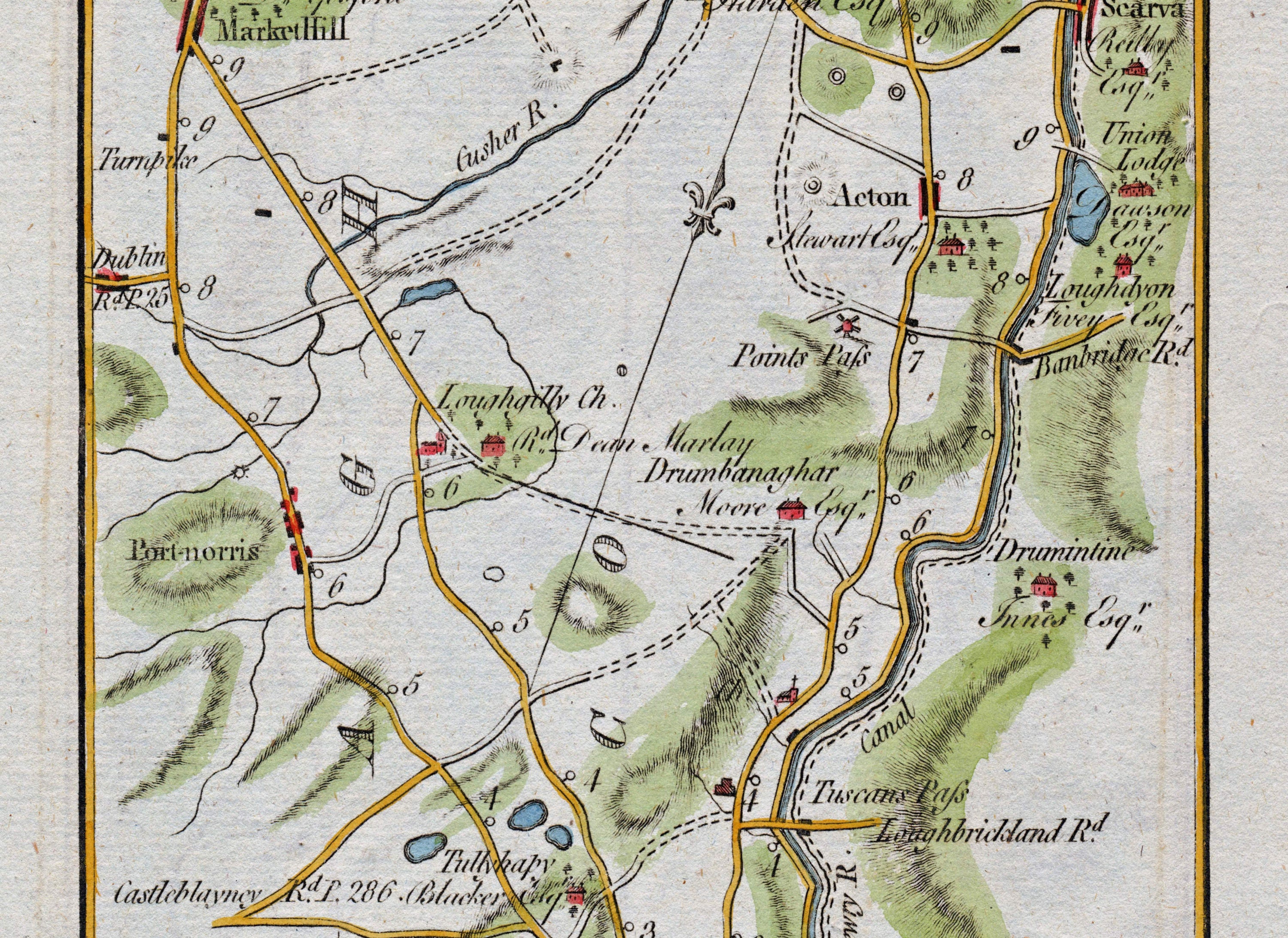 Middle detail of 1783 Taylor & Skinner Map 22 showing the River Cusher, Drumbanagher, Acton and the road and canal network towards Poyntzpass.