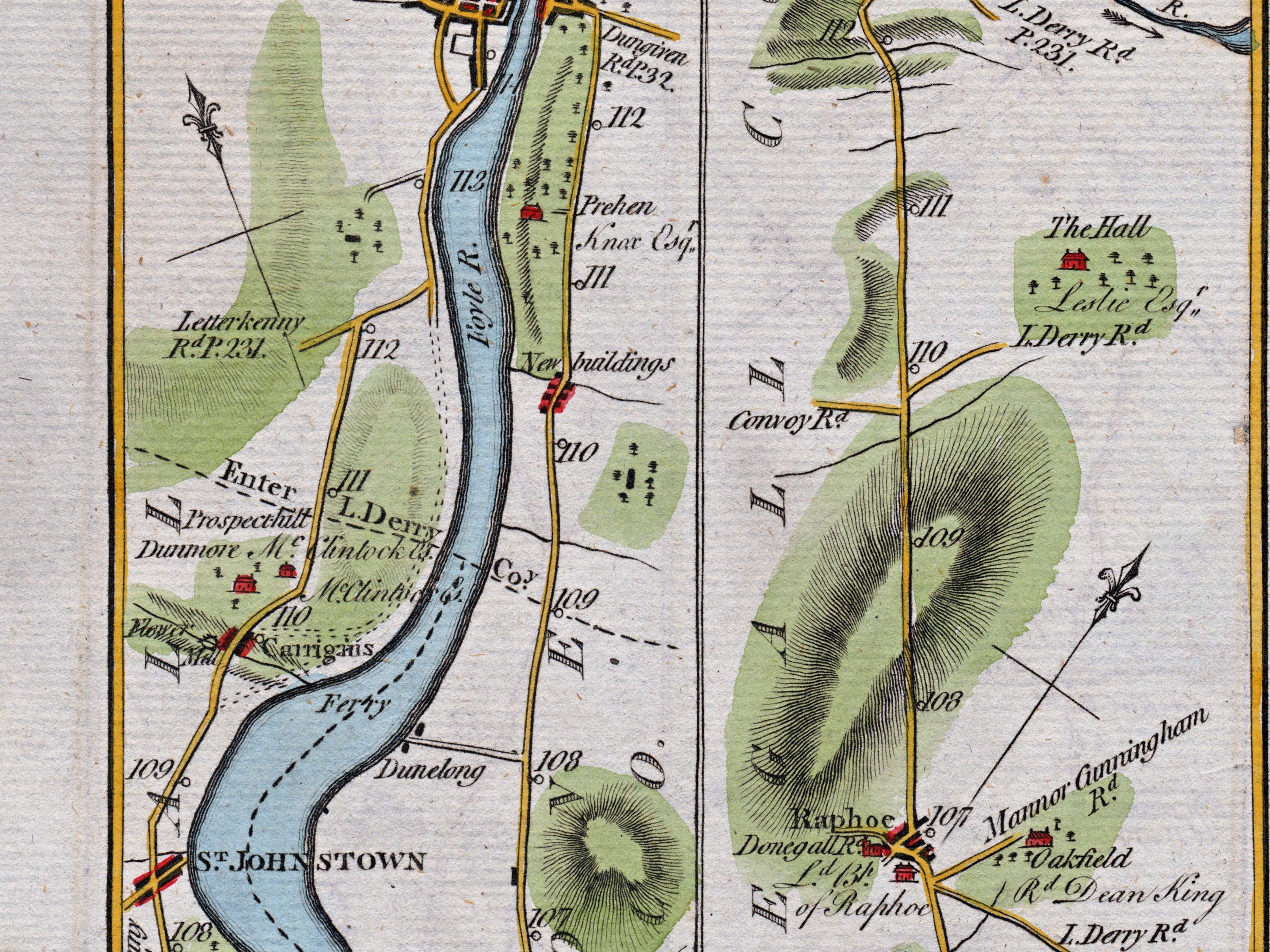 Middle detail of 1783 Taylor & Skinner Map 37 showing St Johnston, Carrigans Ferry, Raphoe and the River Foyle. The map covers Counties Londonderry and Donegal.