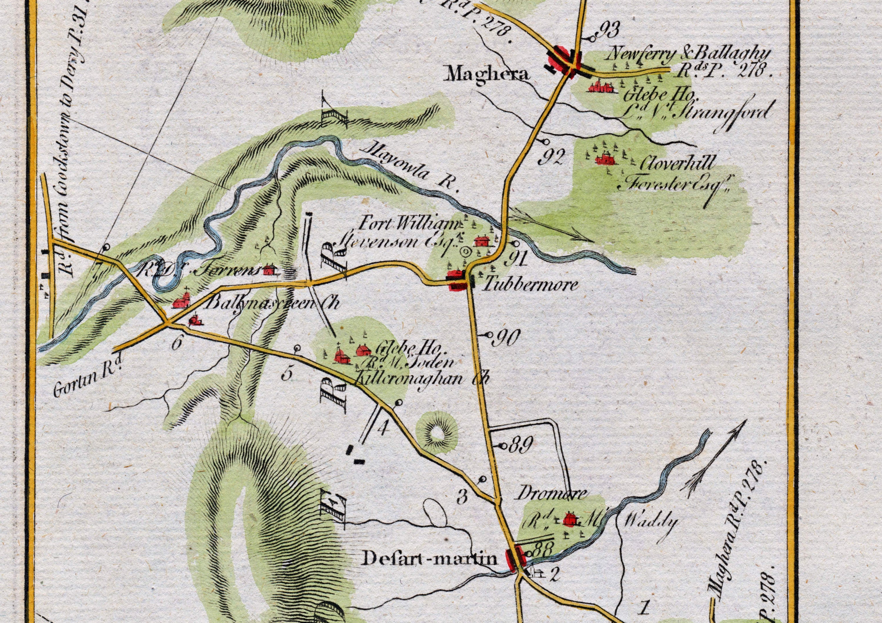Middle detail of 1783 Taylor & Skinner Map 28 showing Tobermore, Ballynascreen Church, the River Moyola and Fort William in County Londonderry.