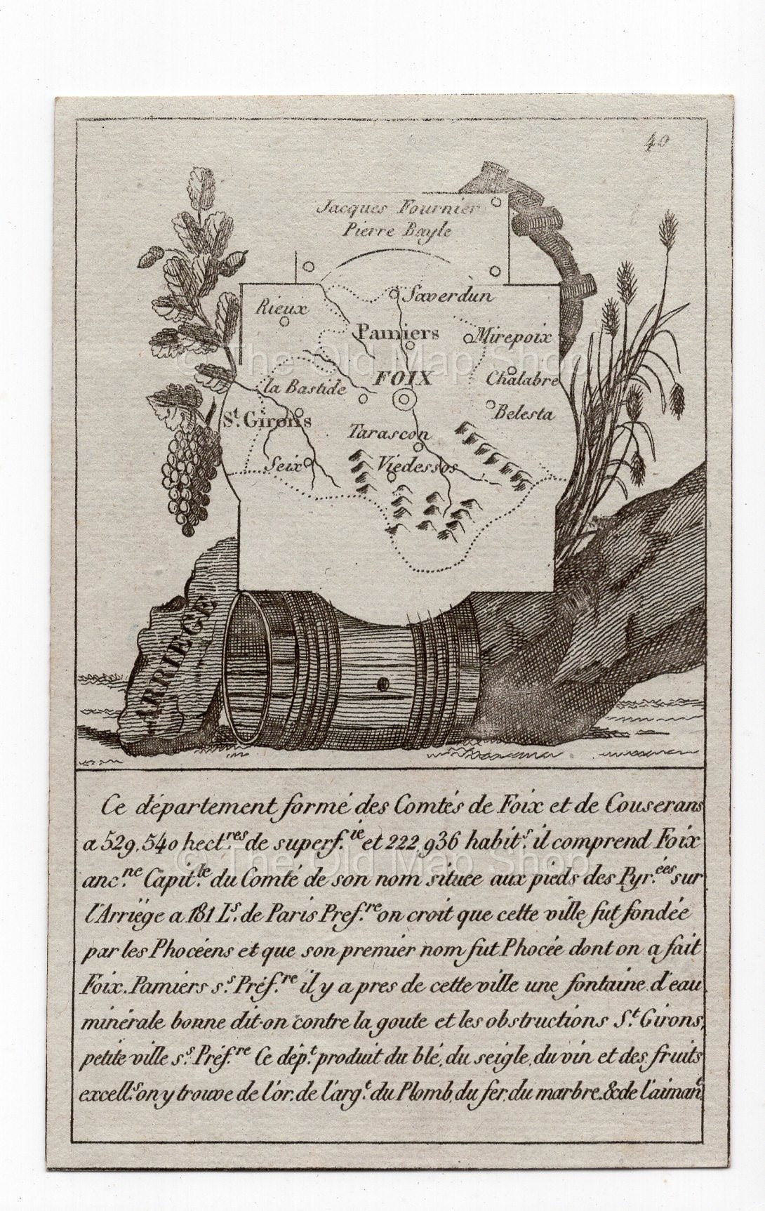 c.1836 Ariège France antique card map showing Foix & Pamiers by Bourrut-Le Meri, 3rd edition