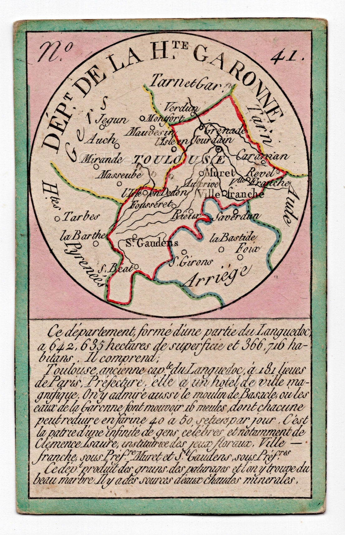 Hand-coloured c.1819 Haute-Garonne France antique card map by Bourrut-Le Meri, rare first edition