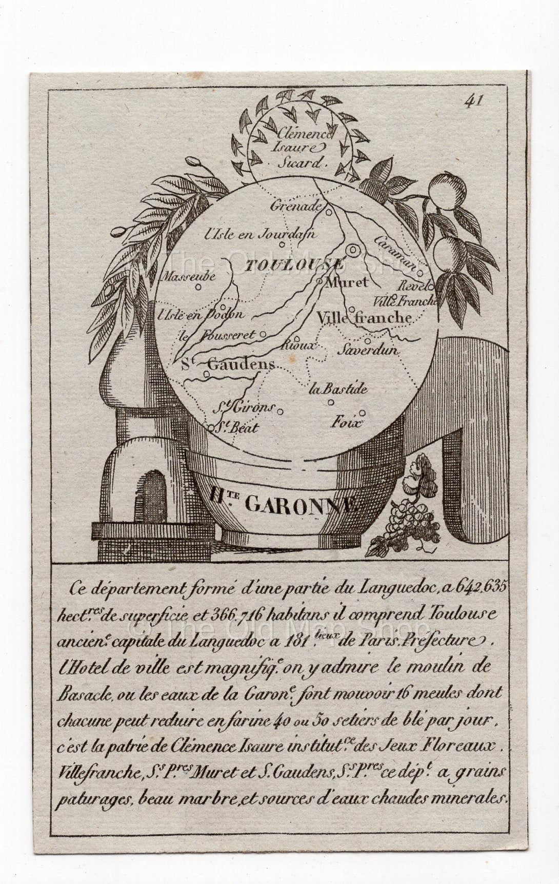 c.1836 Haute-Garonne France antique card map showing Toulouse by Bourrut-Le Meri, 3rd edition