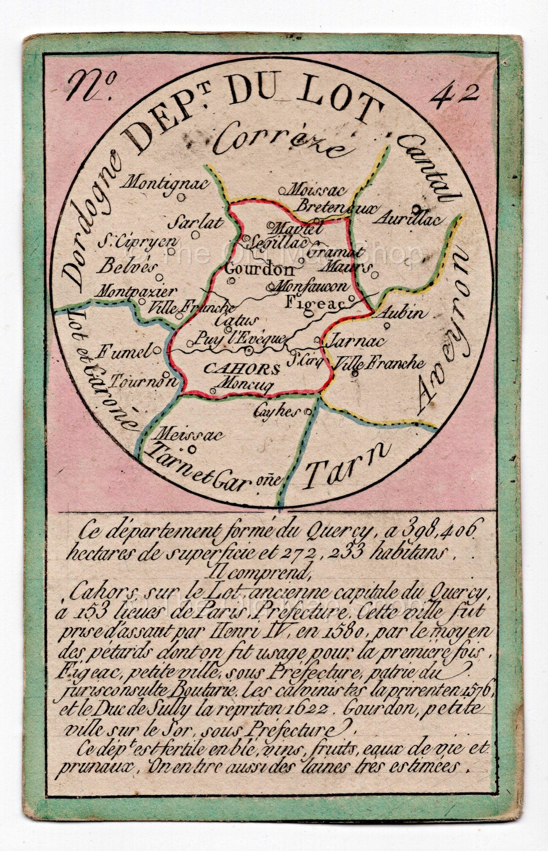 Hand-coloured c.1819 Lot France antique card map by Bourrut-Le Meri, rare first edition