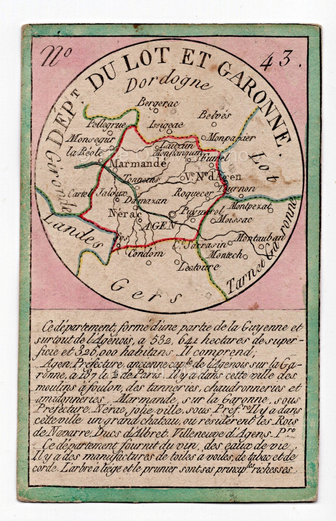 Hand-coloured c.1819 Lot-et-Garonne France antique card map by Bourrut-Le Meri, rare first edition
