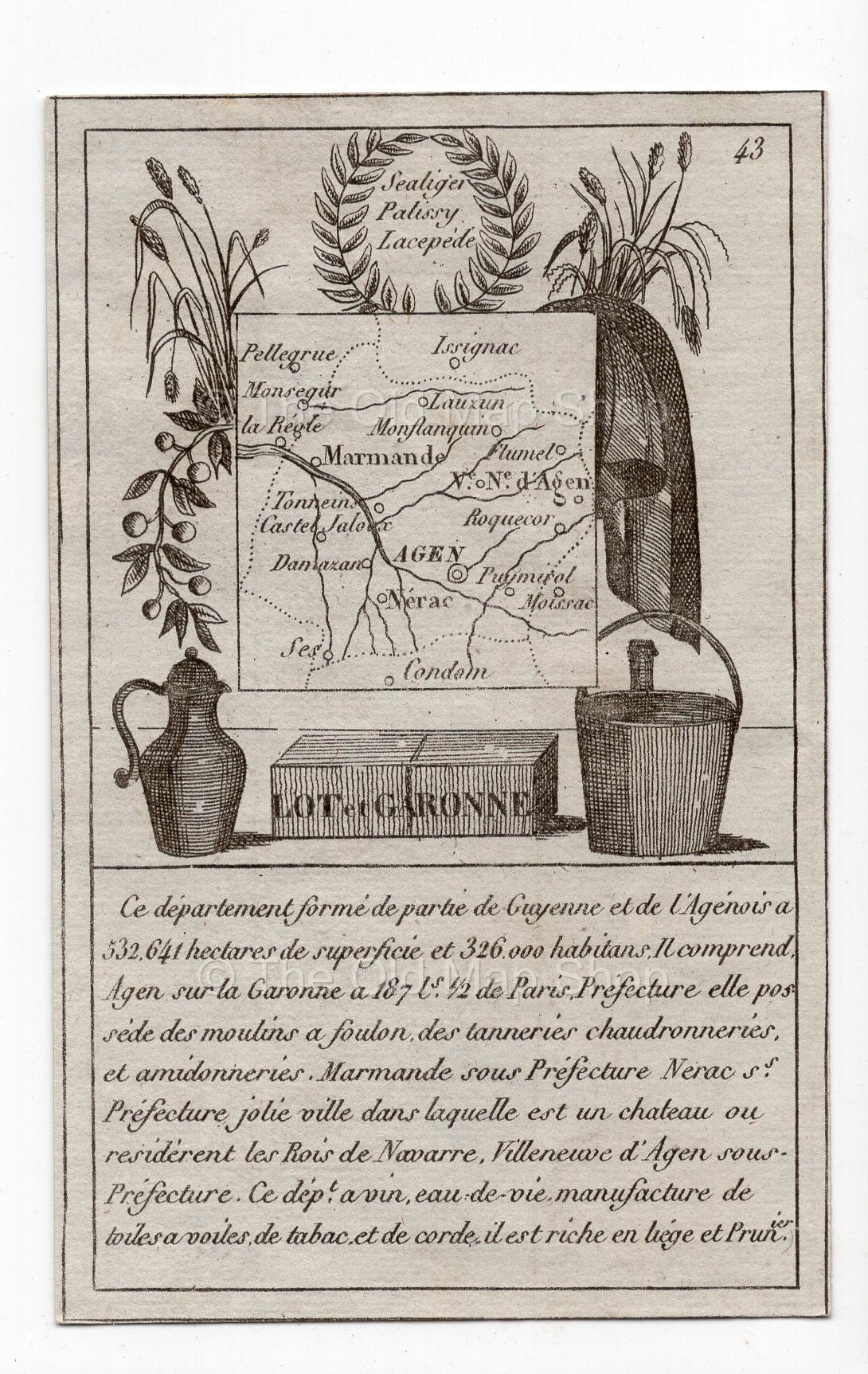 c.1836 Lot-et-Garonne France antique card map showing Agen & Marmande by Bourrut-Le Meri, 3rd edition