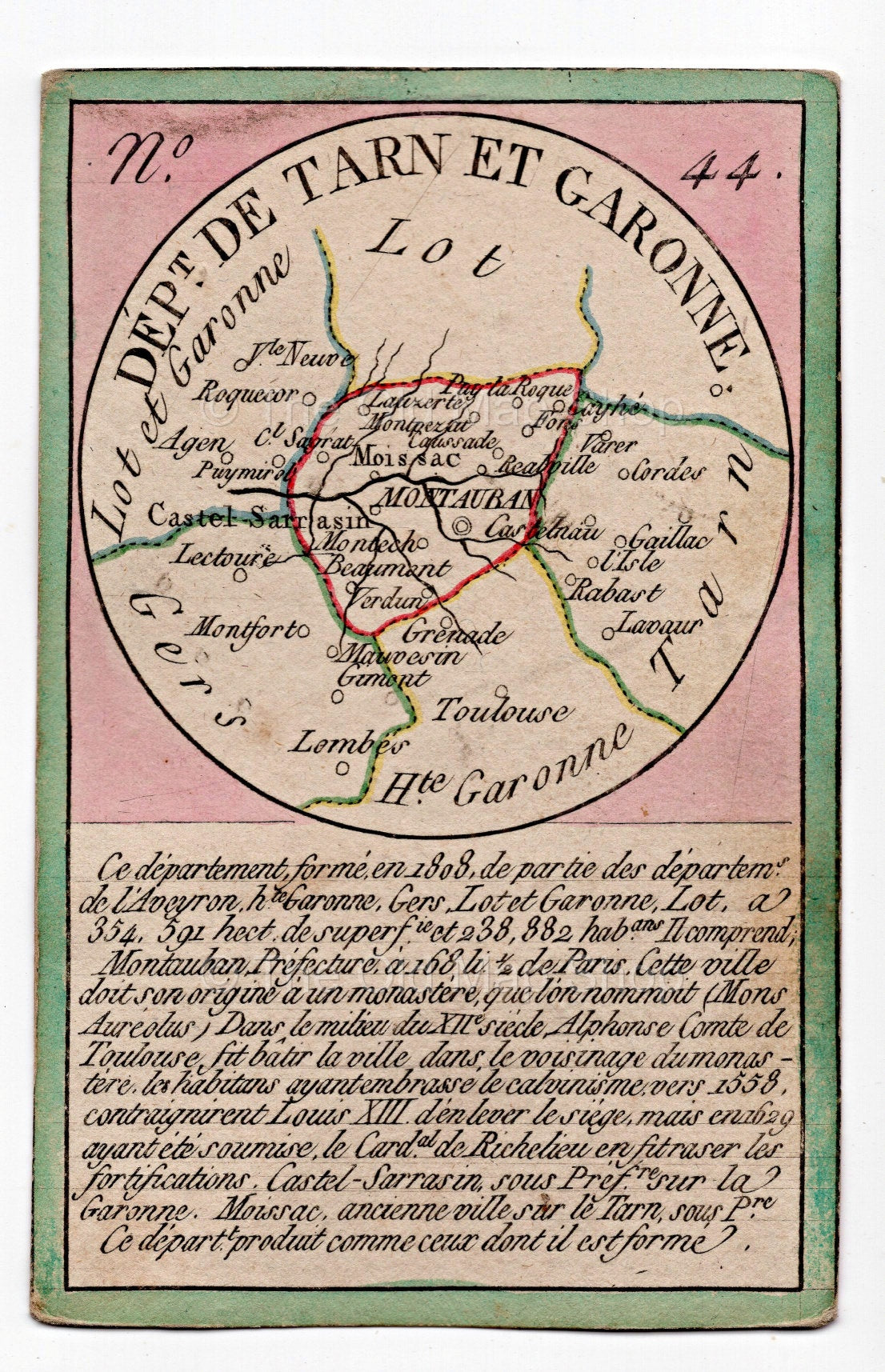 Hand-coloured c.1819 Tarn-et-Garonne France antique card map by Bourrut-Le Meri, rare first edition