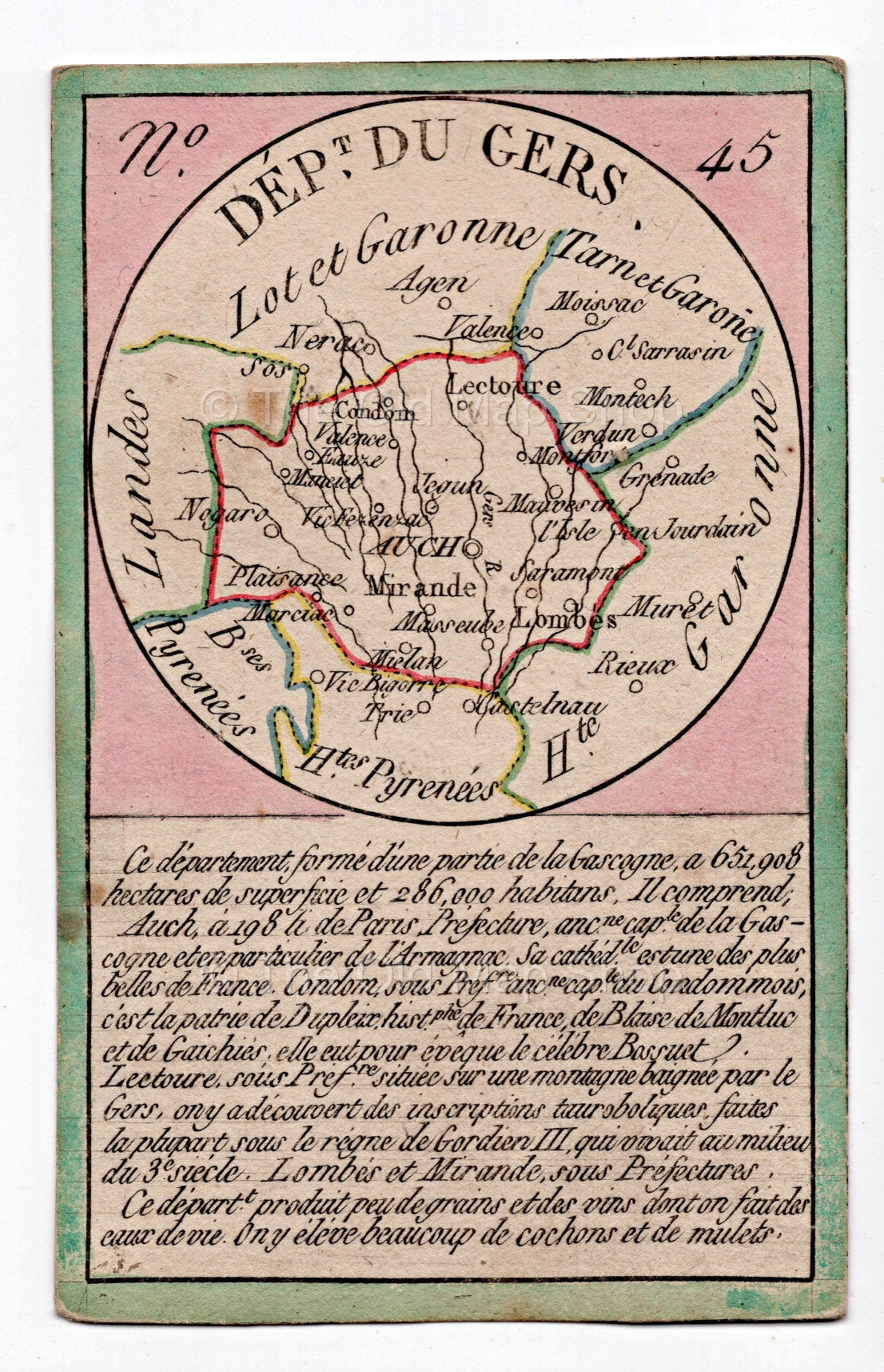 Hand-coloured c.1819 Gers France antique card map by Bourrut-Le Meri, rare first edition