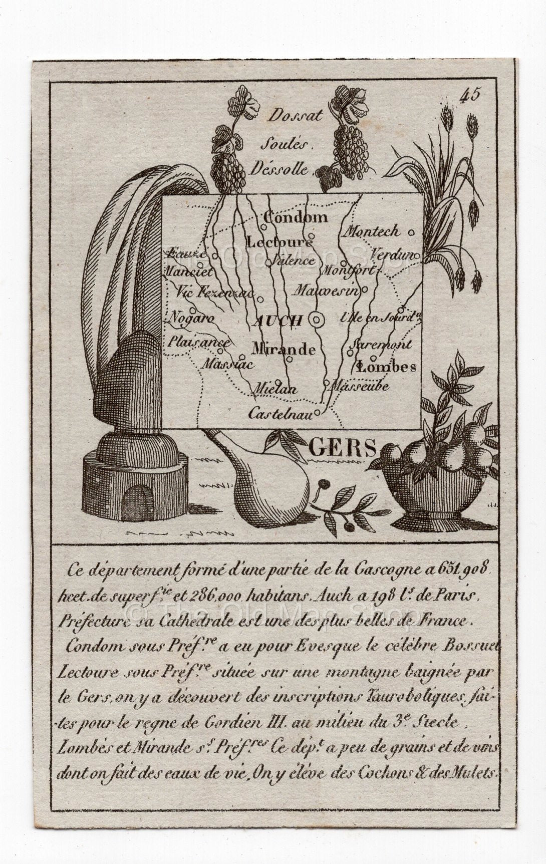 c.1836 Gers France antique card map by Bourrut-Le Meri, 3rd edition