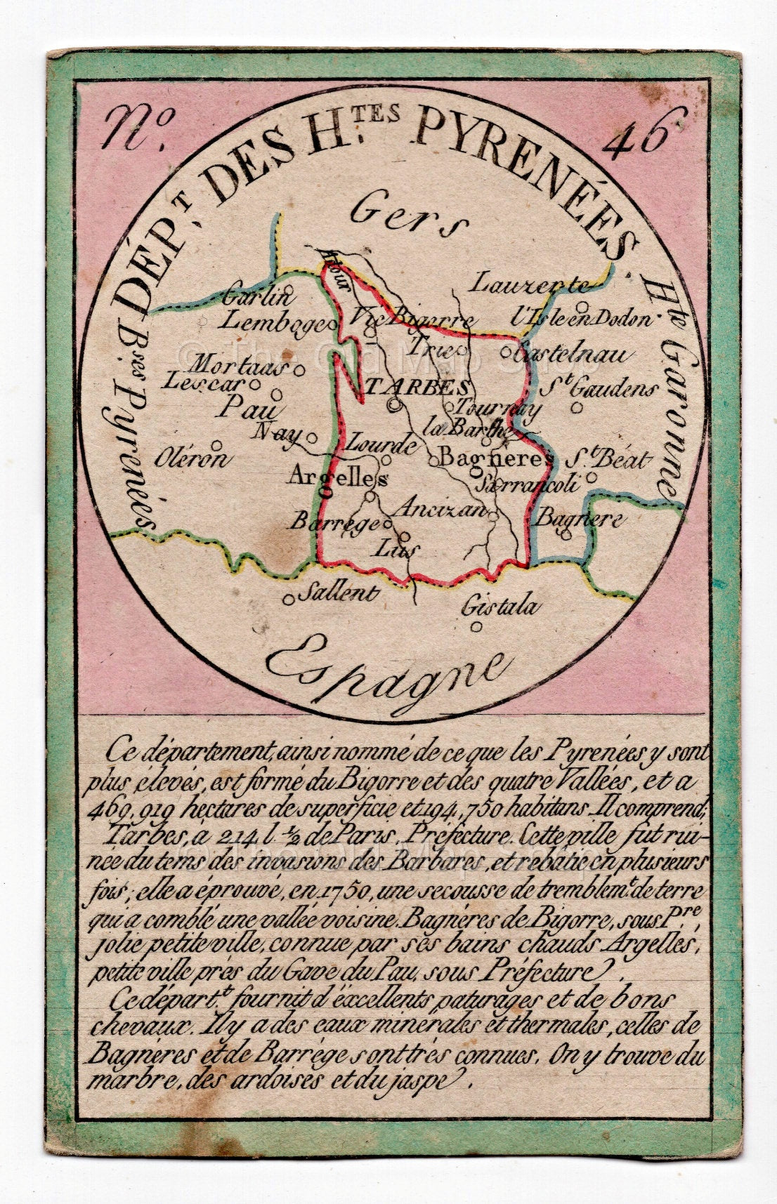 Hand-coloured c.1819 Hautes-Pyrenees France antique card map by Bourrut-Le Meri, rare first edition