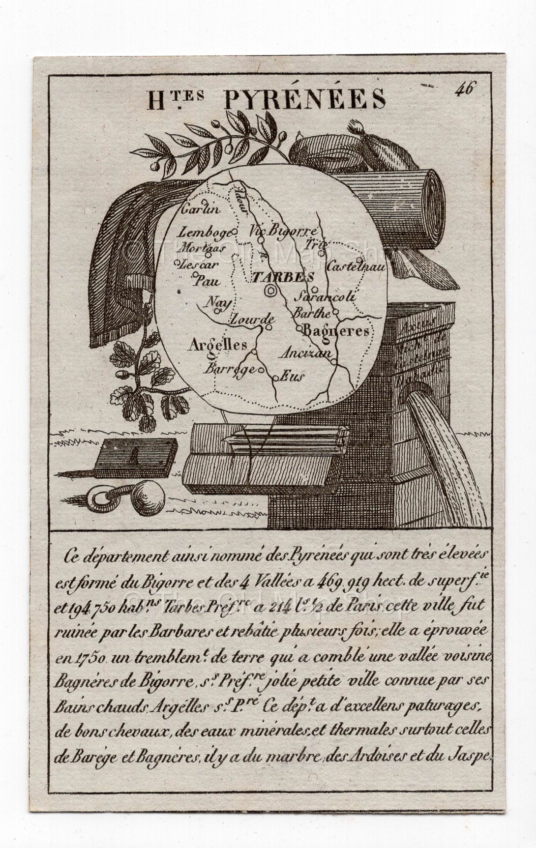c.1836 Hautes-Pyrénées France antique card map showing Tarbes by Bourrut-Le Meri, 3rd edition