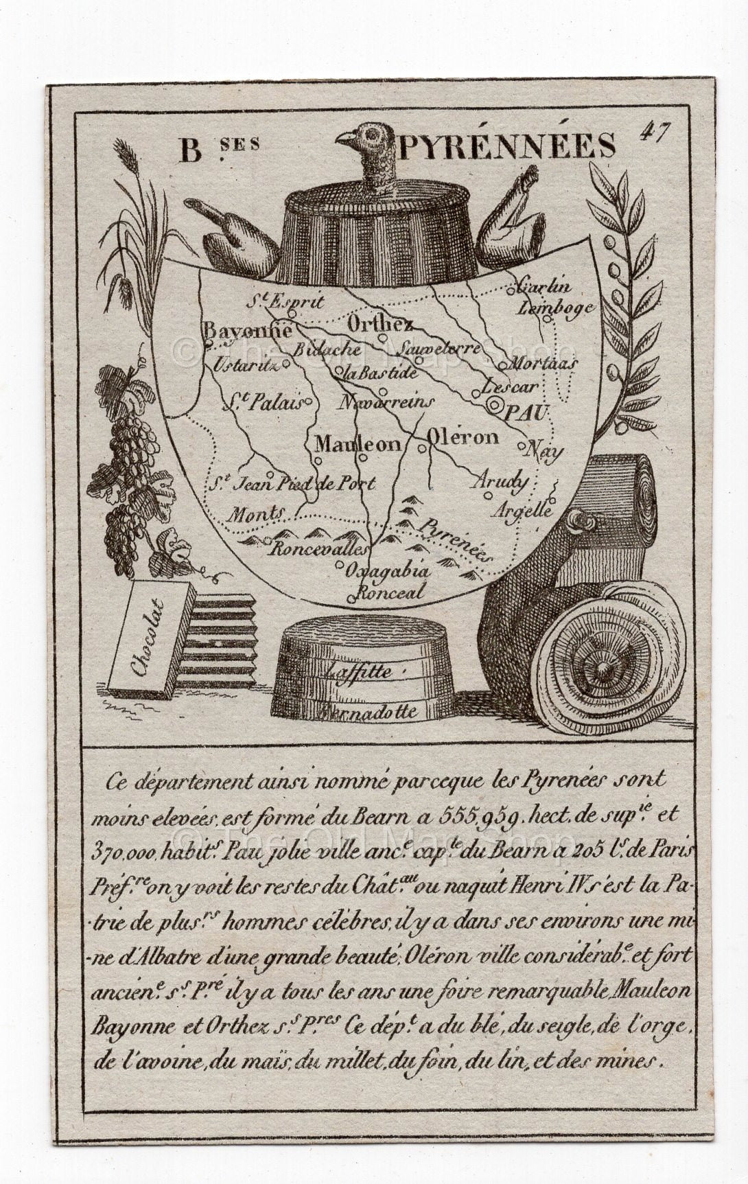 c.1836 Basses-Pyrénées (Pyrénées-Atlantiques) France antique card map by Bourrut-Le Meri, 3rd edition