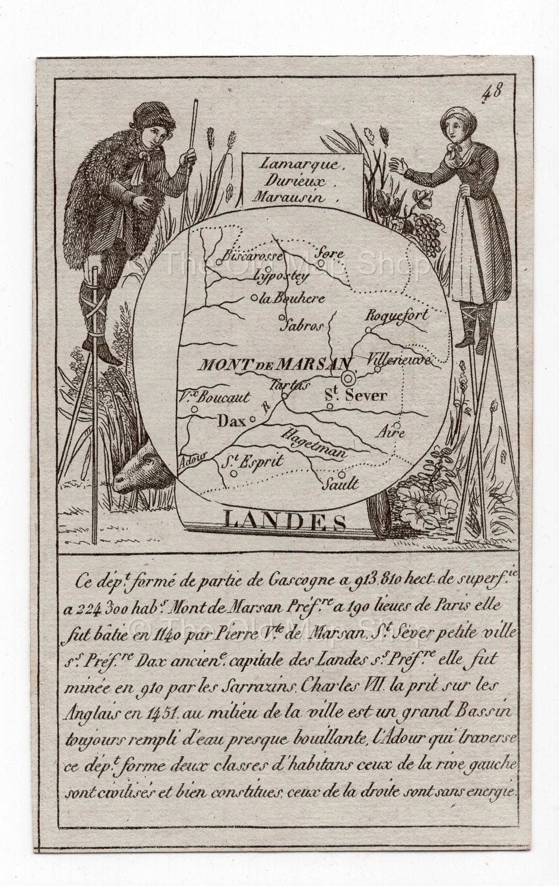 c.1836 Landes France antique card map showing Mont-de-Marsan by Bourrut-Le Meri, 3rd edition