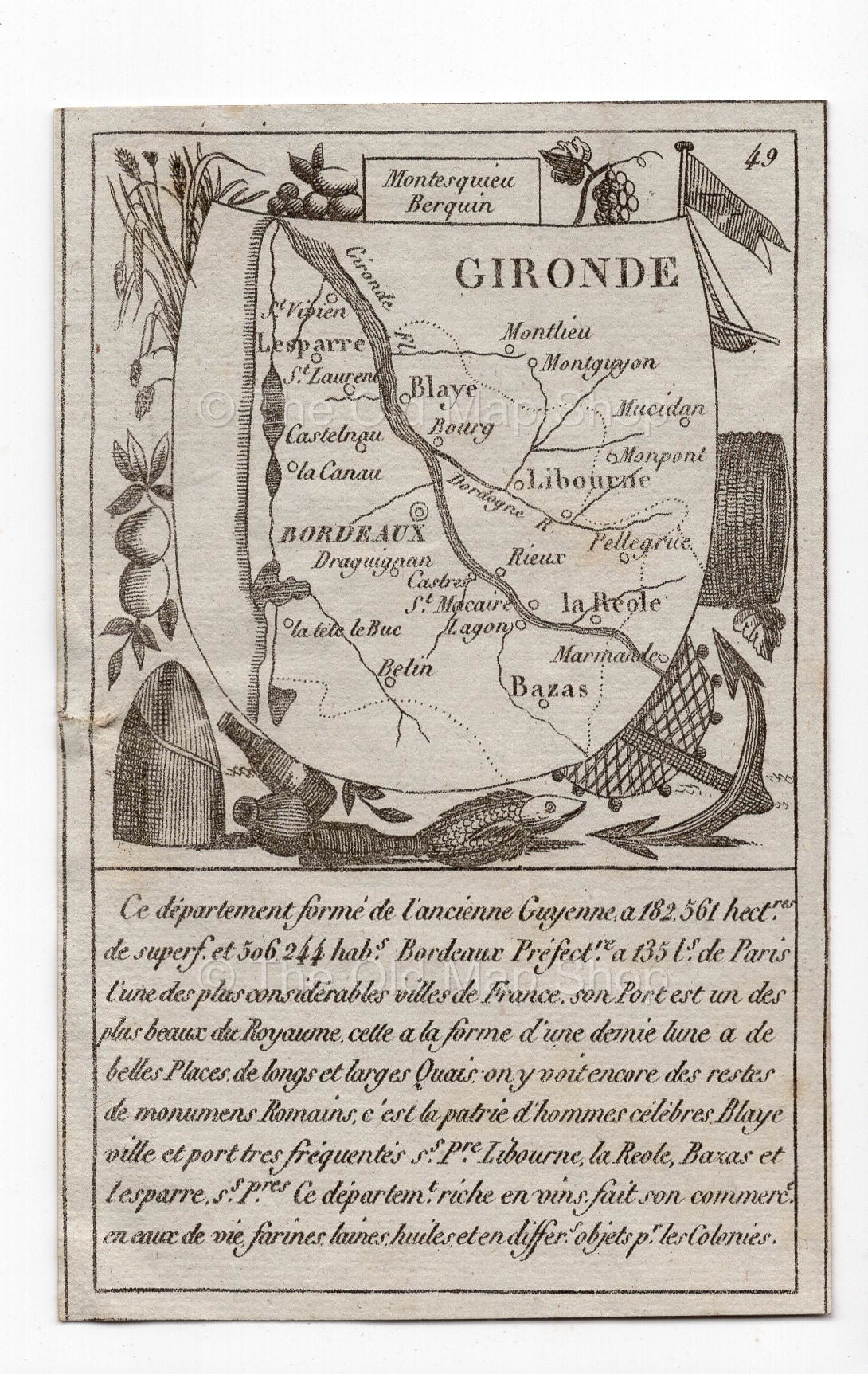 c.1836 Gironde France antique card map by Bourrut-Le Meri, 3rd edition