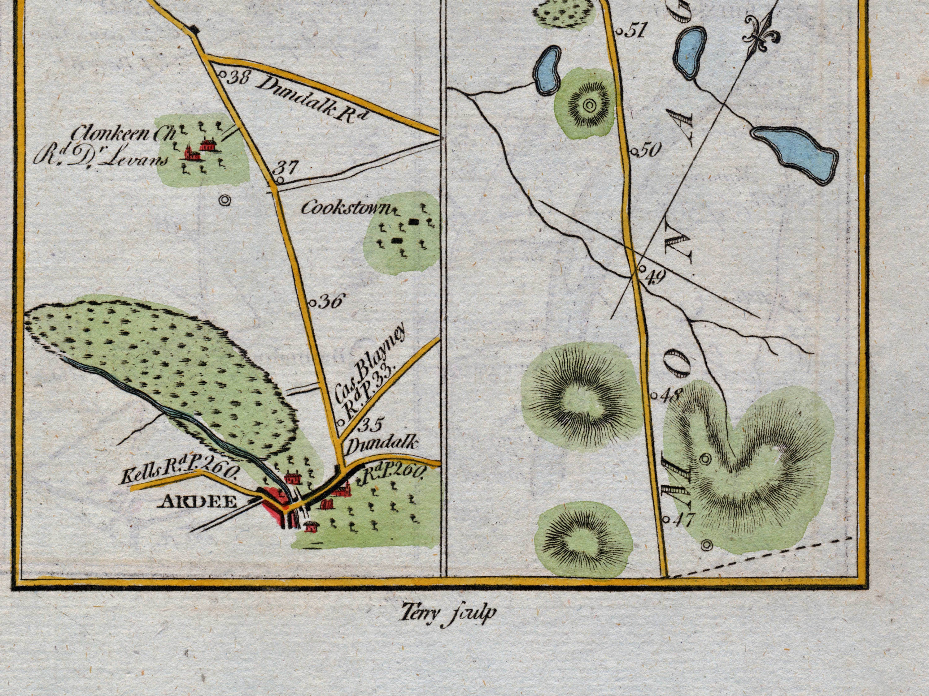 Lower detail of 1783 Taylor & Skinner Map 38 showing Ardee, Clonkeen Church and the road towards Carrickmacross across Counties Louth and Monaghan.
