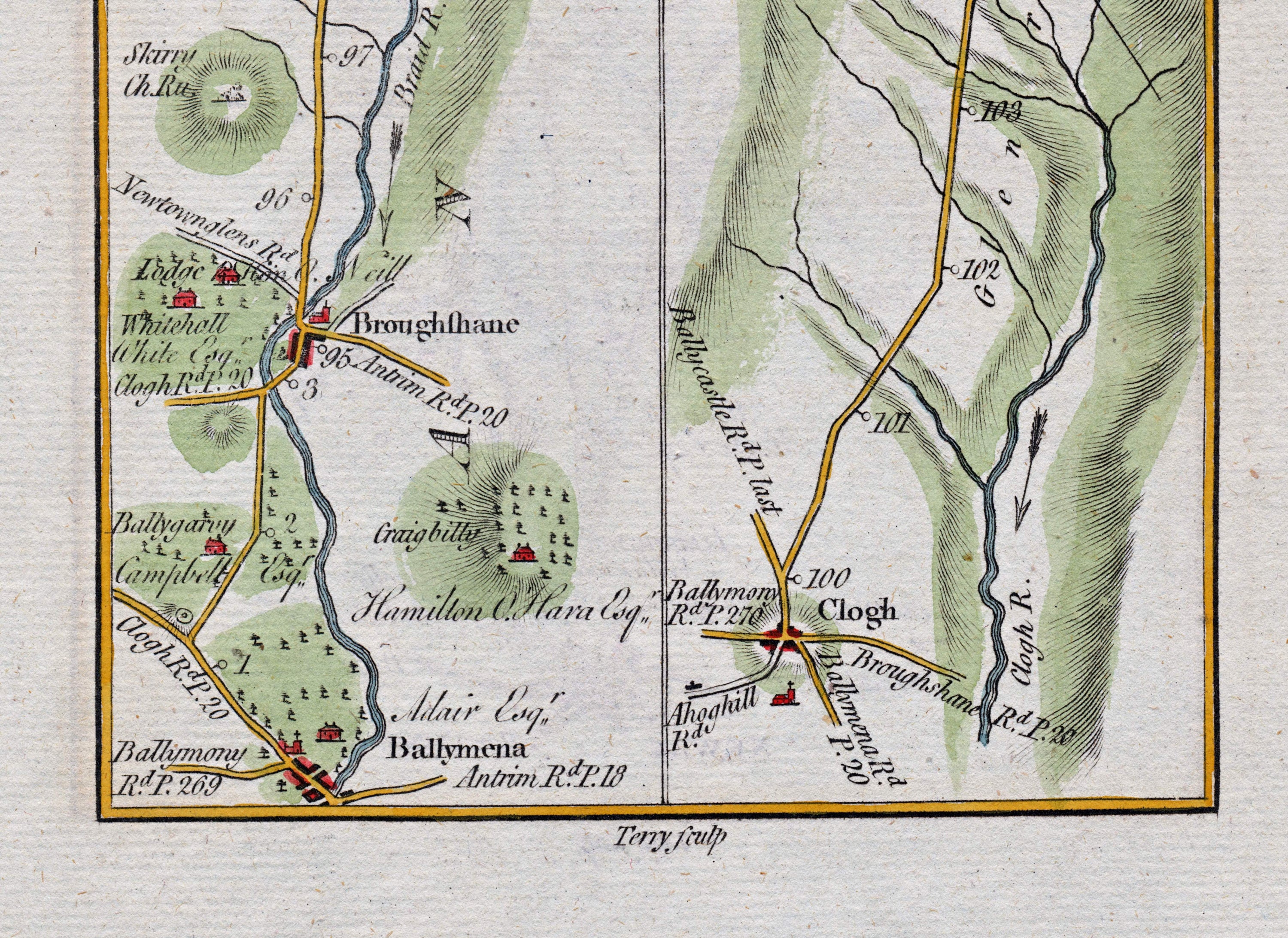 Lower detail of 1783 Taylor & Skinner Map 21 showing Ballymena, Broughshane, Clough, Ballygarry, Craigbilly and Whitehall in County Antrim.