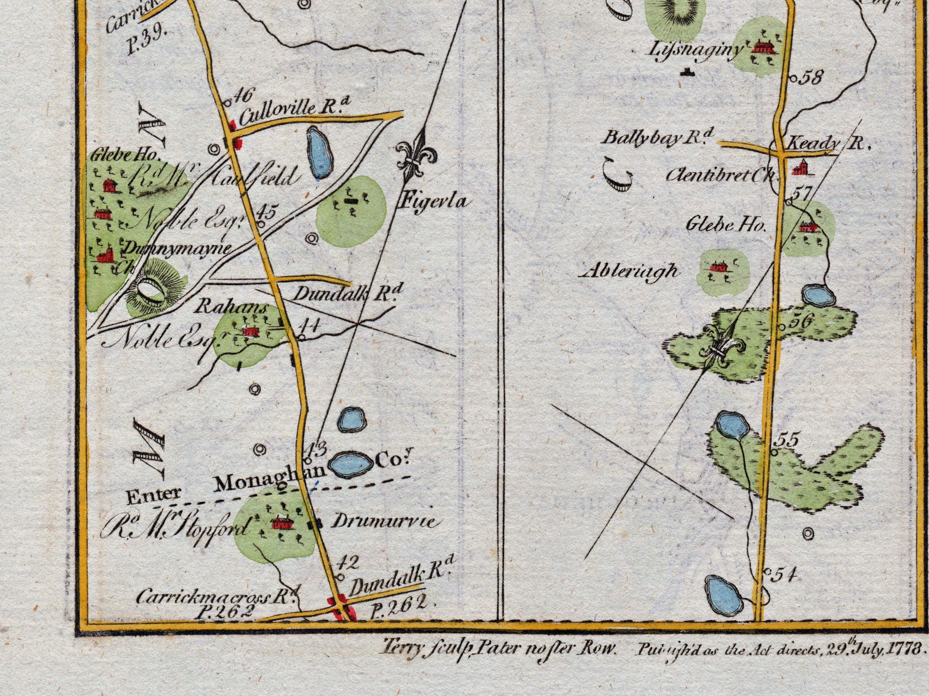 Lower detail of 1783 Taylor & Skinner Map 34 showing Clontibret, Ballybay and the Keady road in County Monaghan.