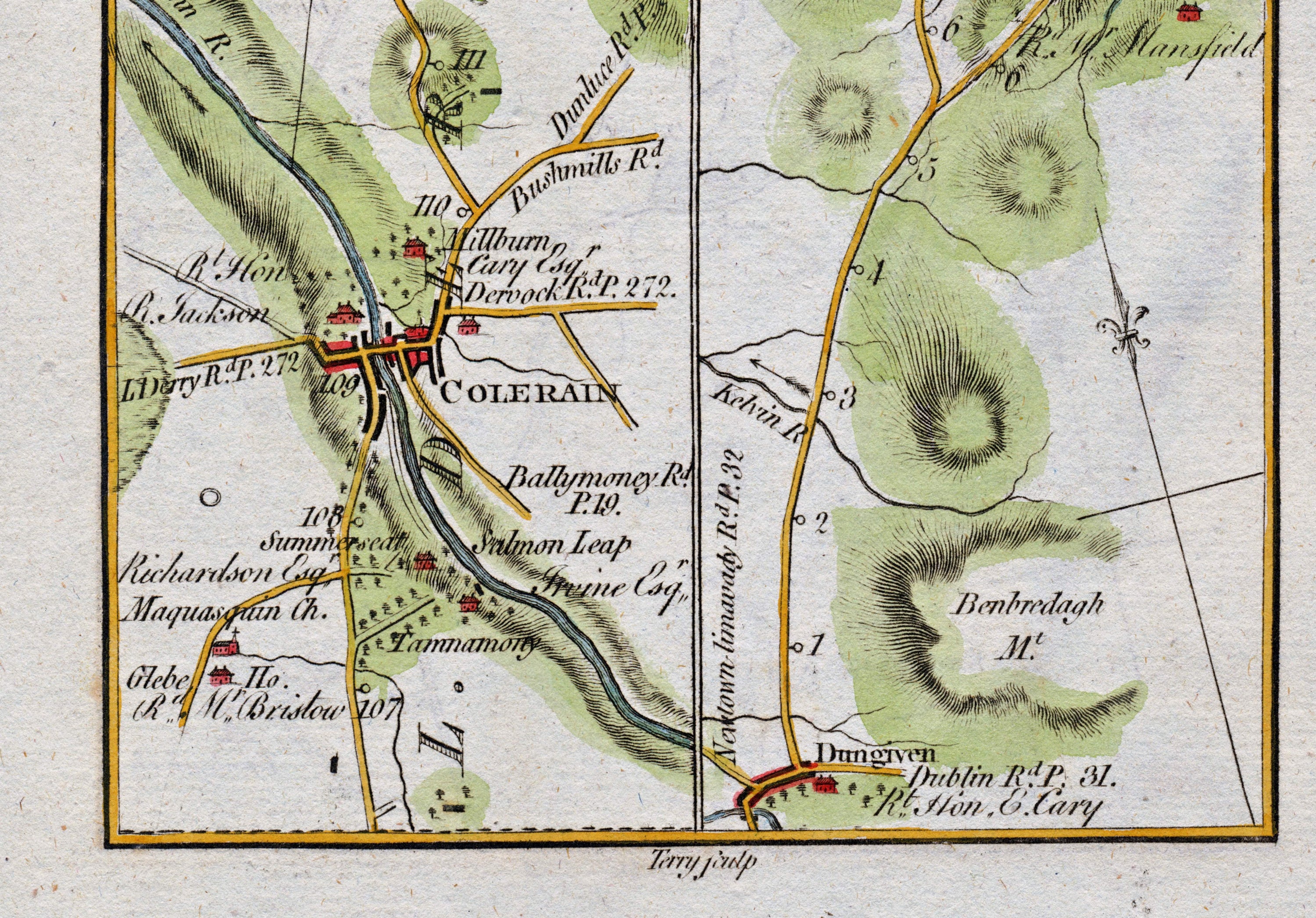 Lower detail of 1783 Taylor & Skinner Map 30 showing Coleraine, Dungiven, Garvagh, Benbradagh and the road towards Limavady.
